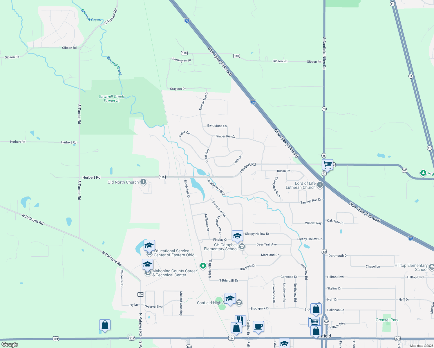 map of restaurants, bars, coffee shops, grocery stores, and more near 5830 Herbert Rd in Canfield