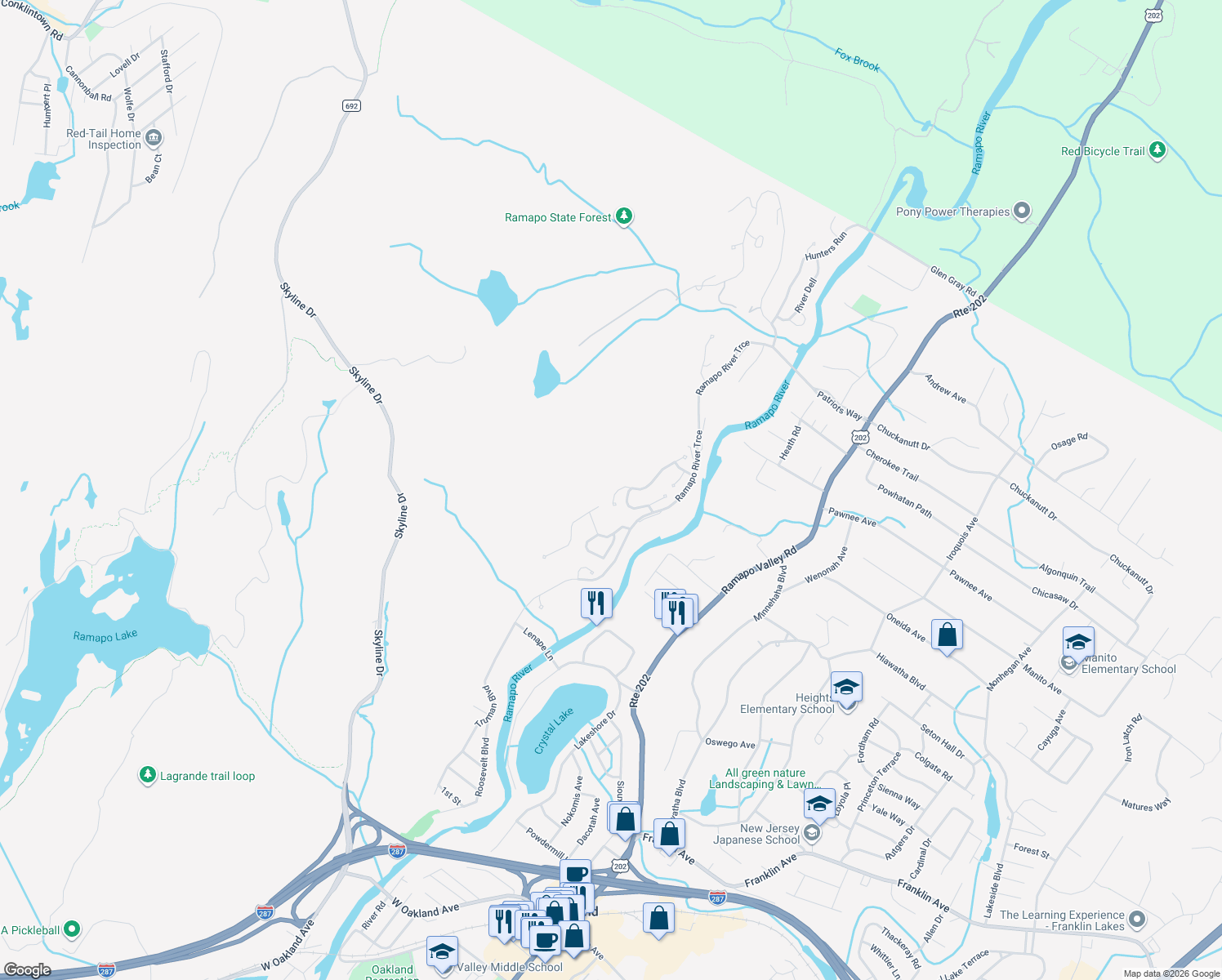 map of restaurants, bars, coffee shops, grocery stores, and more near 9 Winding Ridge in Oakland
