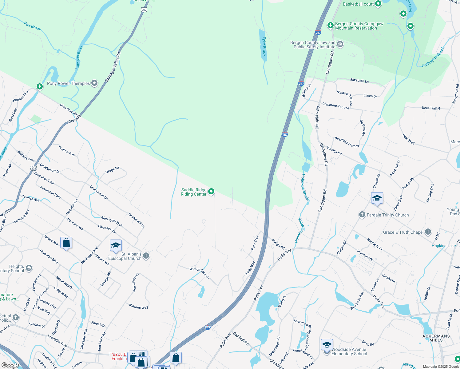 map of restaurants, bars, coffee shops, grocery stores, and more near 318 Rock Ridge Court in Franklin Lakes