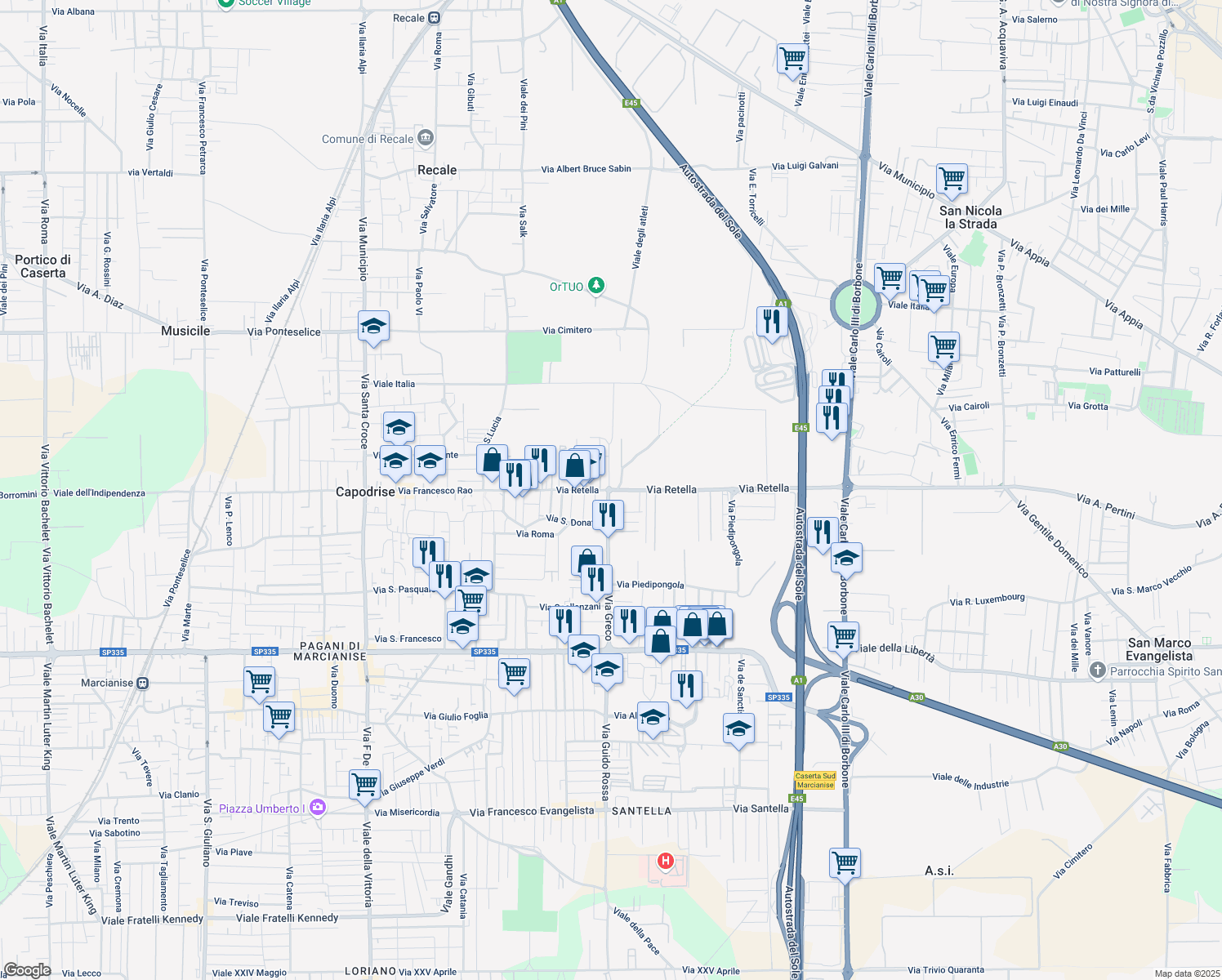 map of restaurants, bars, coffee shops, grocery stores, and more near 3 Via Paolo Borsellino in Capodrise