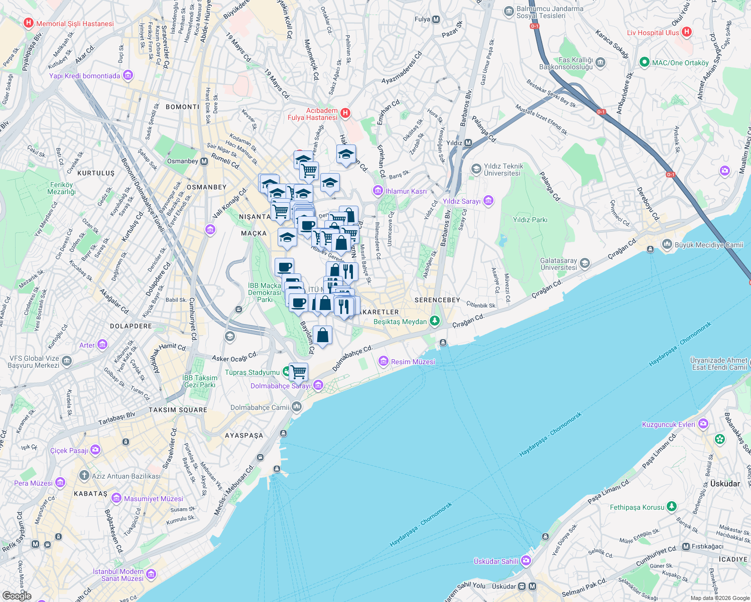 map of restaurants, bars, coffee shops, grocery stores, and more near in Beşiktaş