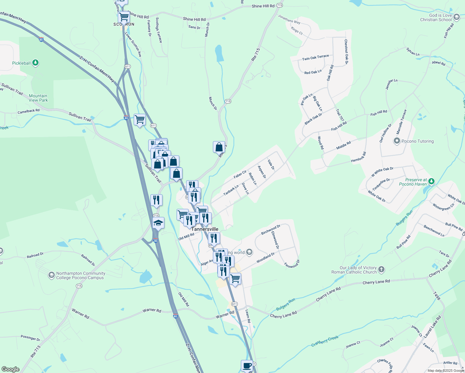 map of restaurants, bars, coffee shops, grocery stores, and more near 141 Tanbark Lane in Tannersville