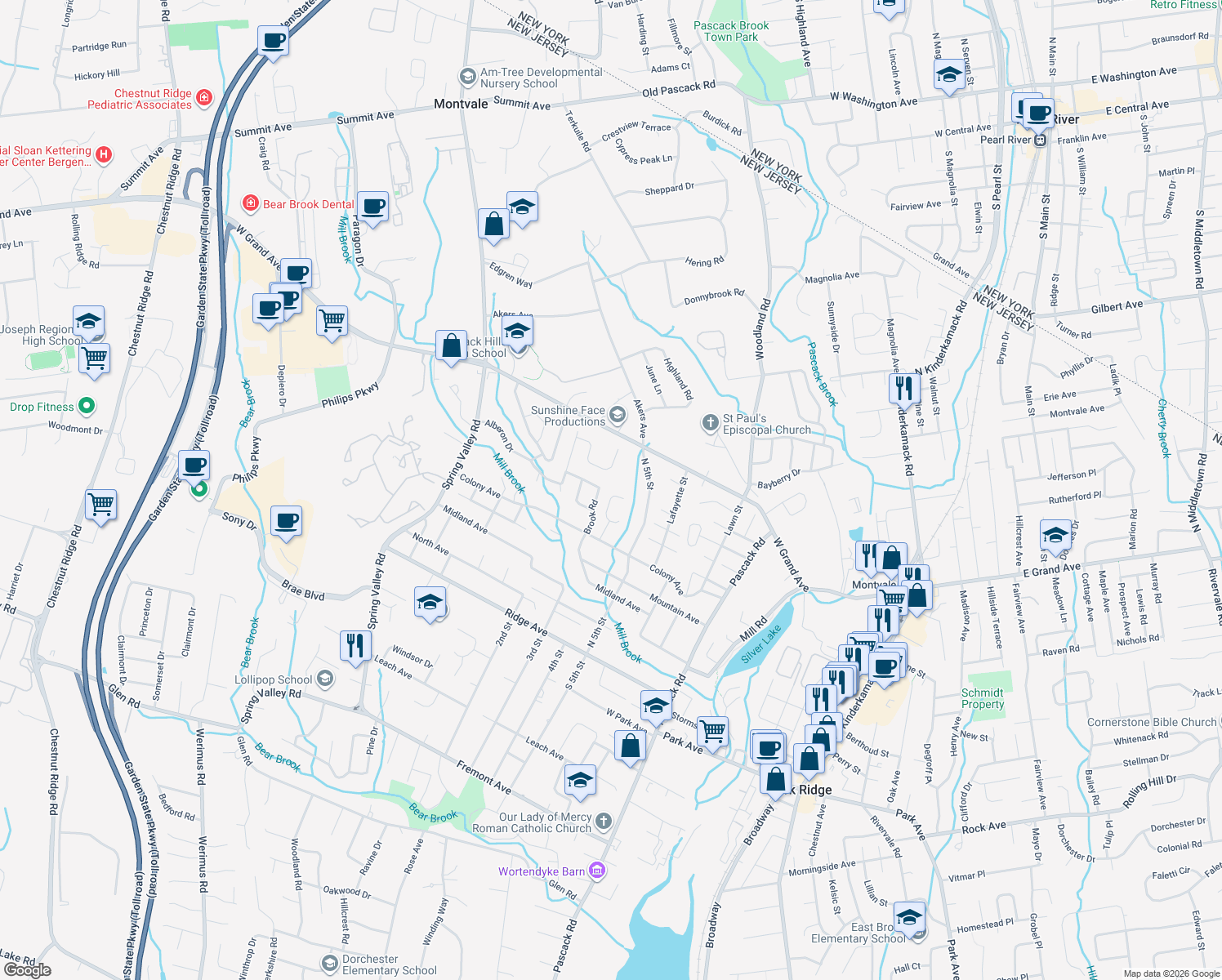 map of restaurants, bars, coffee shops, grocery stores, and more near 3 Marti Road in Park Ridge