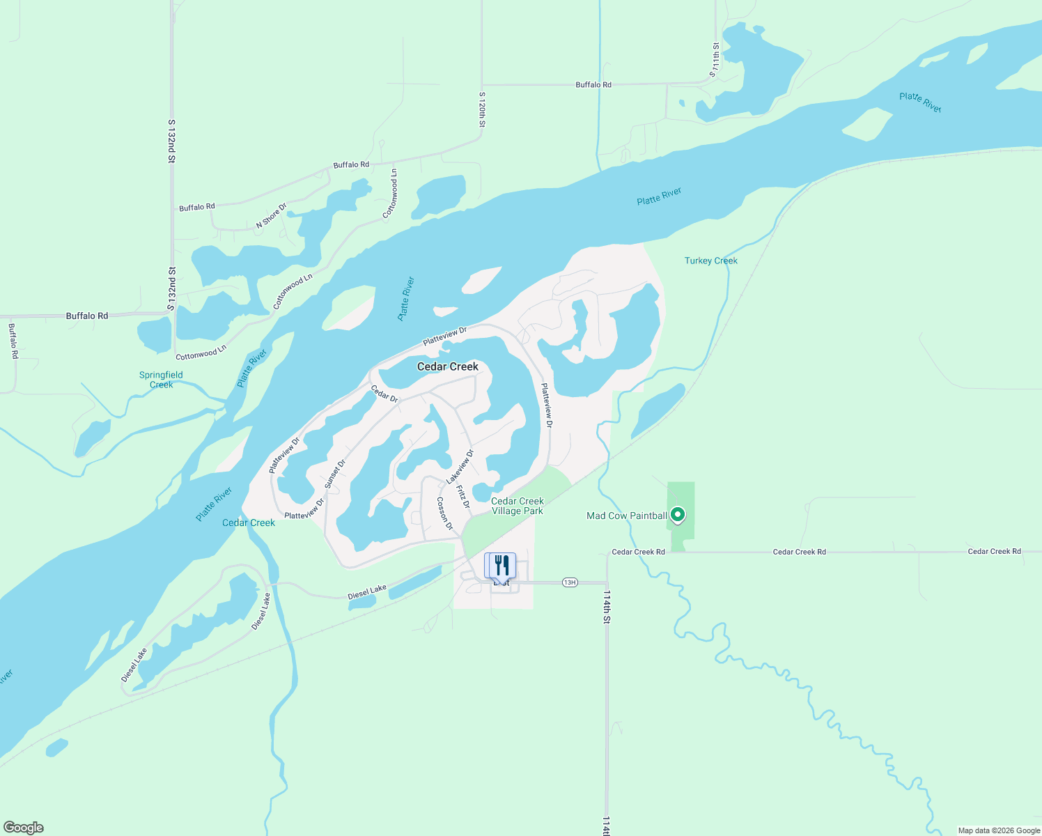 map of restaurants, bars, coffee shops, grocery stores, and more near 221 Sunrise Lane in Cedar Creek