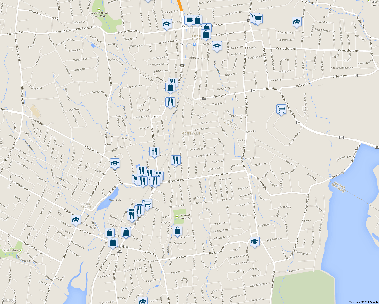 map of restaurants, bars, coffee shops, grocery stores, and more near 47 Hillcrest Avenue in Montvale