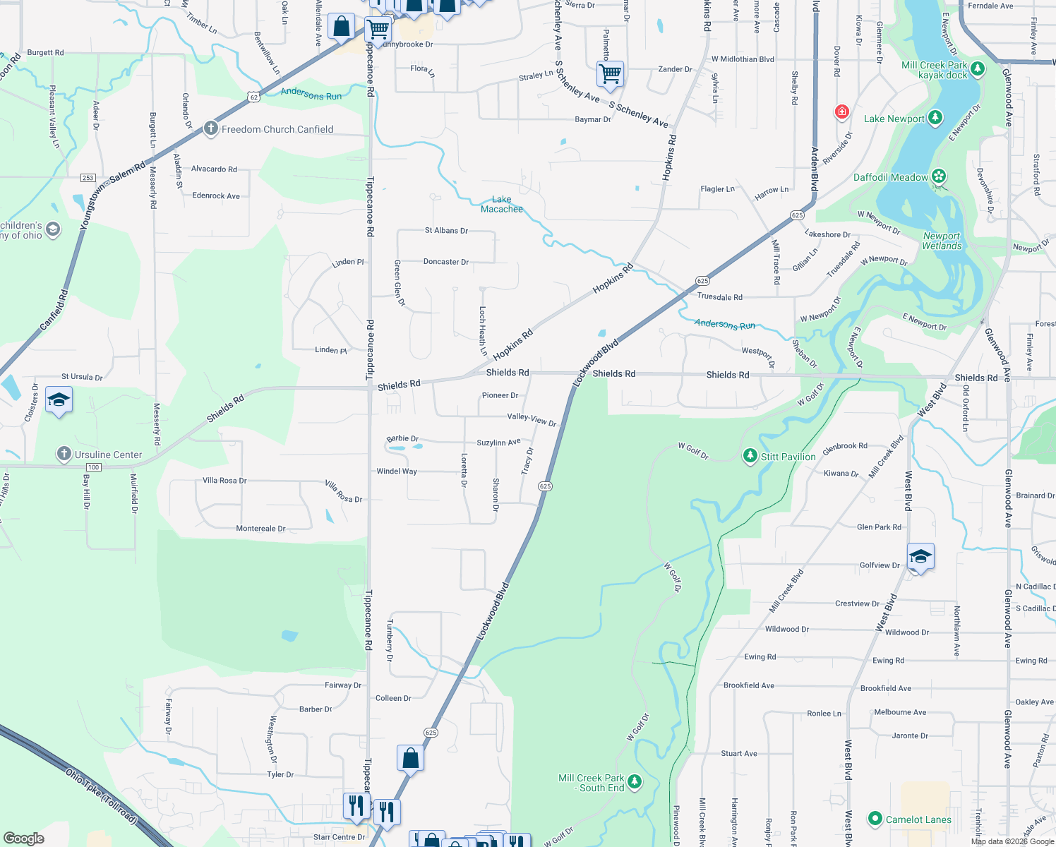 map of restaurants, bars, coffee shops, grocery stores, and more near 1253 Valley-View Dr in Youngstown