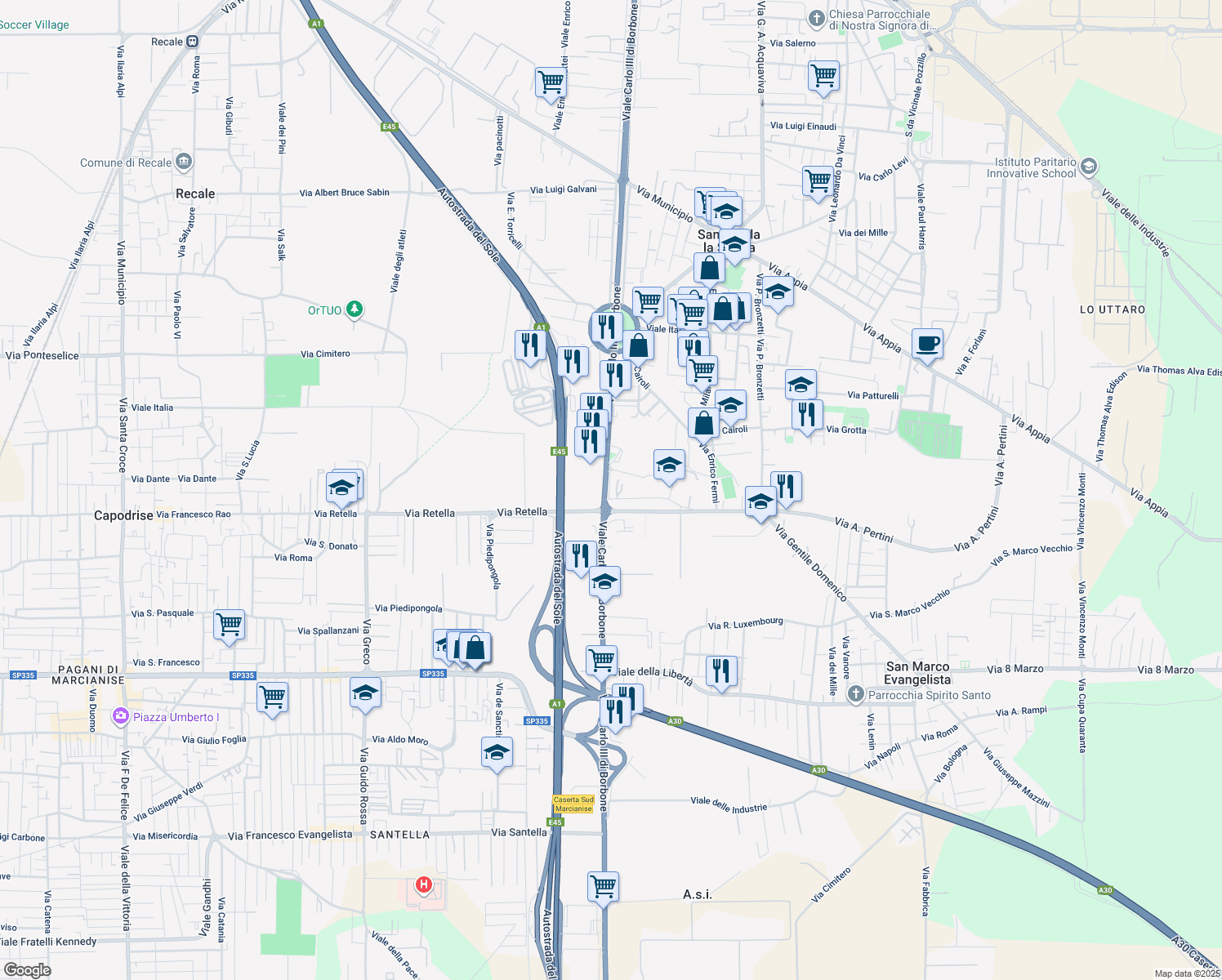 map of restaurants, bars, coffee shops, grocery stores, and more near 173 Viale Carlo III in San Nicola La Strada