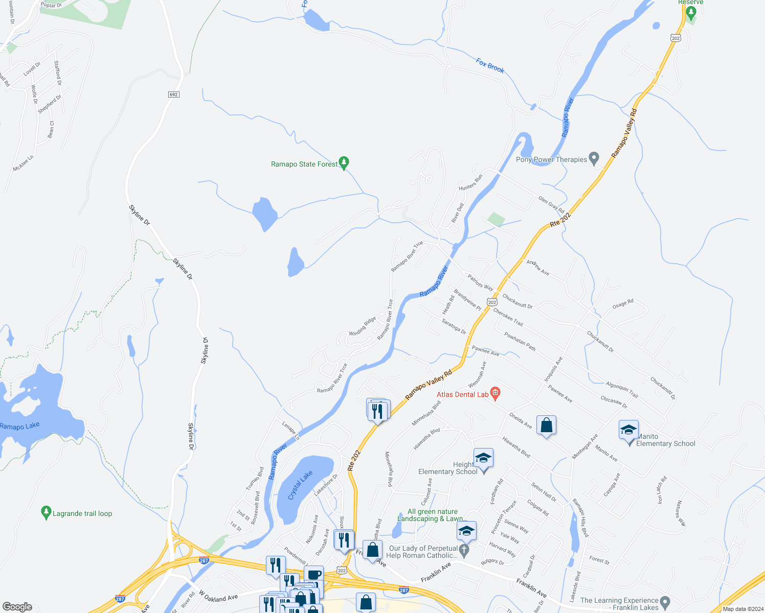 map of restaurants, bars, coffee shops, grocery stores, and more near 65 Winding Ridge in Oakland