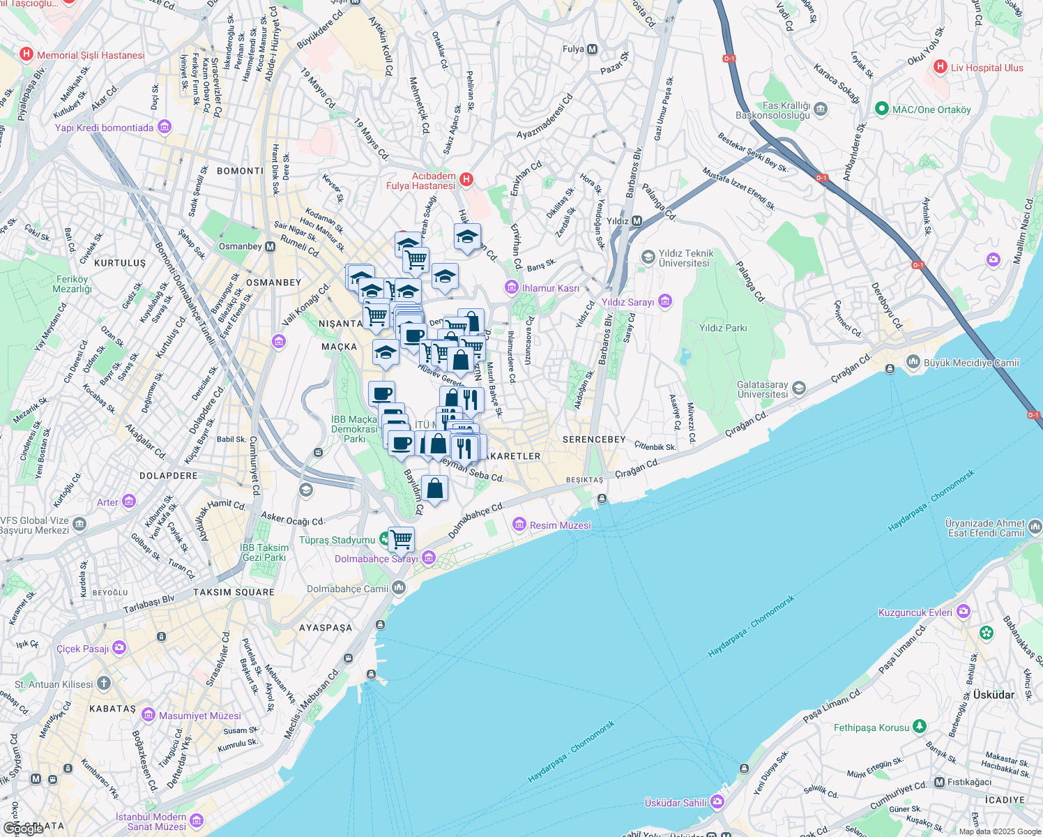map of restaurants, bars, coffee shops, grocery stores, and more near 45/A Ihlamurdere Caddesi in Beşiktaş