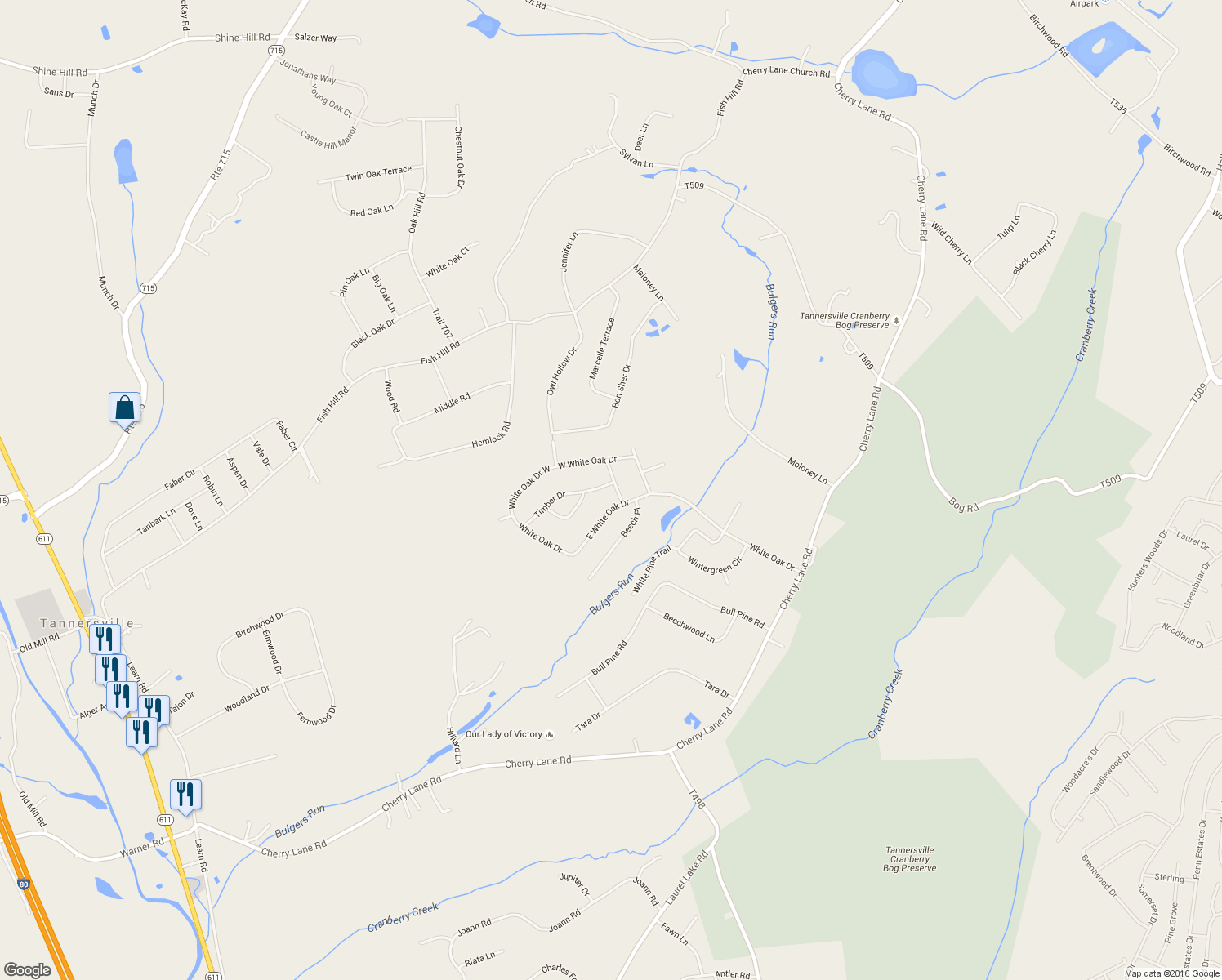 map of restaurants, bars, coffee shops, grocery stores, and more near E White Oak Dr in Tannersville