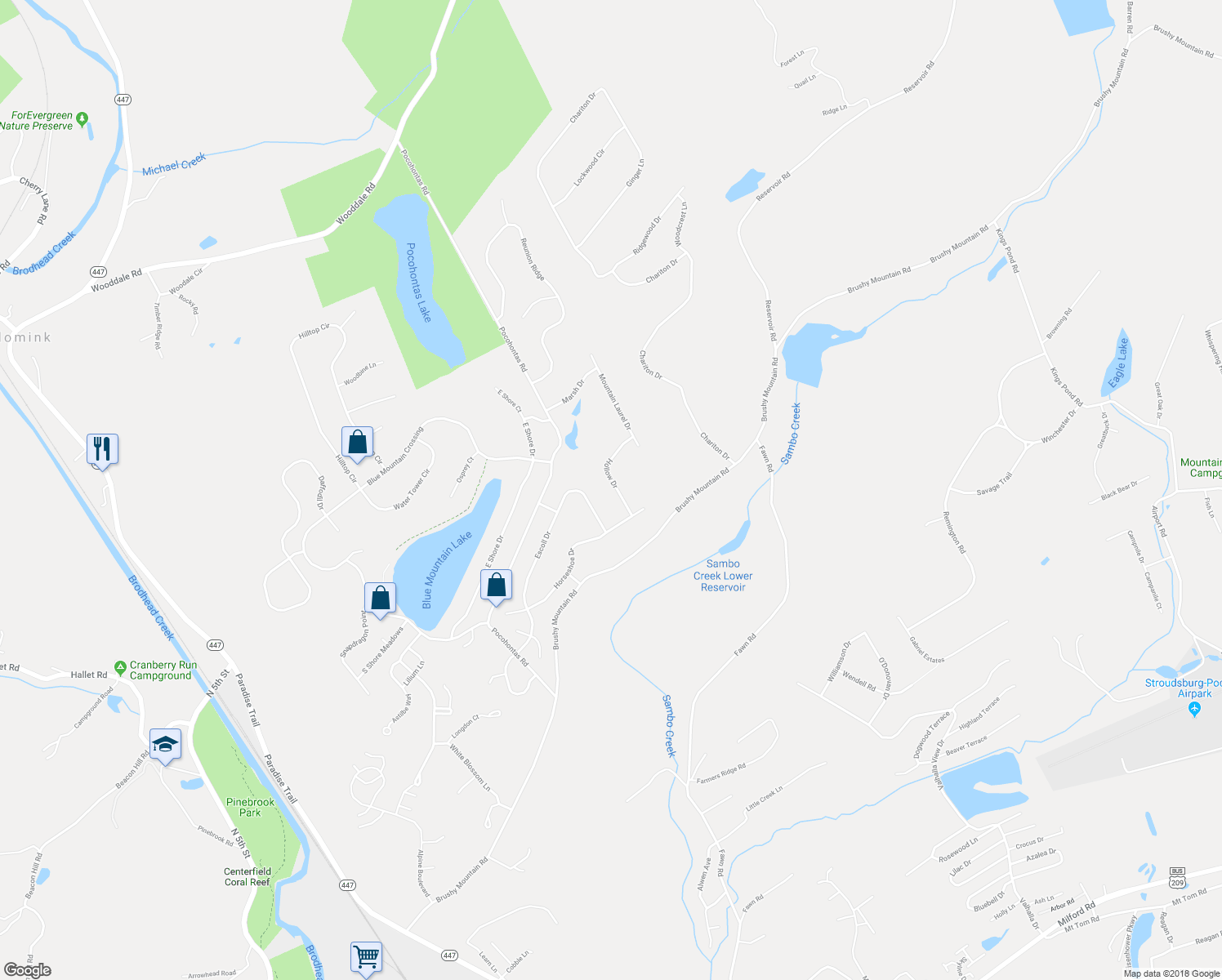 map of restaurants, bars, coffee shops, grocery stores, and more near 3119 Hollow Drive in East Stroudsburg