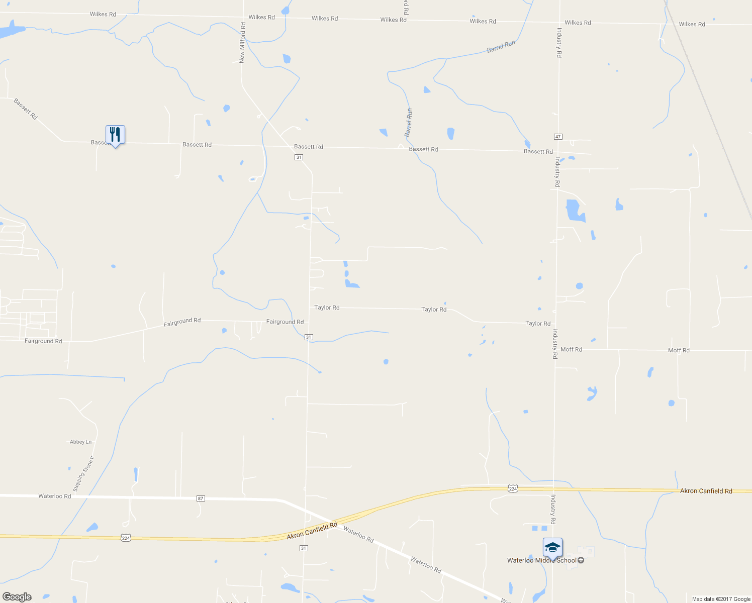 map of restaurants, bars, coffee shops, grocery stores, and more near 5059 Taylor Road in Atwater