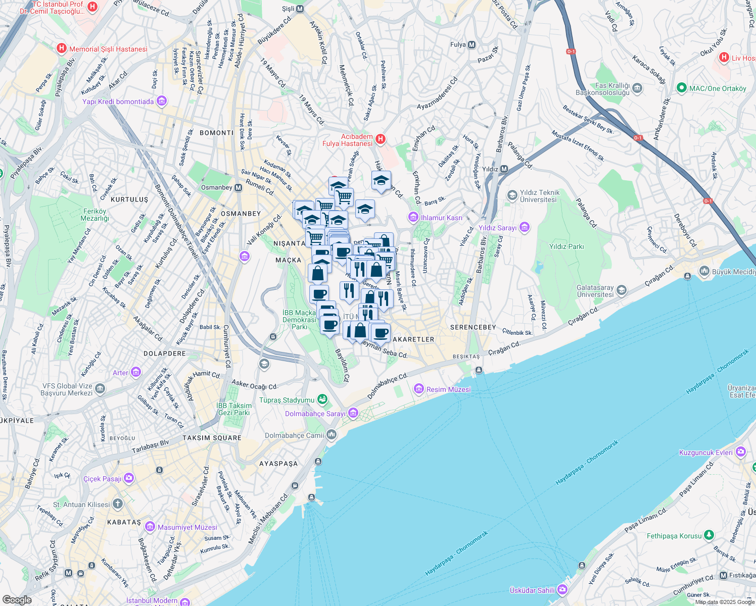 map of restaurants, bars, coffee shops, grocery stores, and more near 9 Şehit Mehmet Sokak in Beşiktaş
