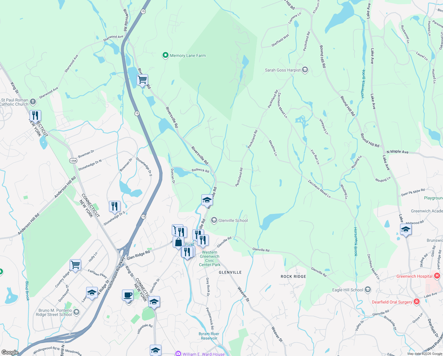 map of restaurants, bars, coffee shops, grocery stores, and more near 161 Pecksland Road in Greenwich