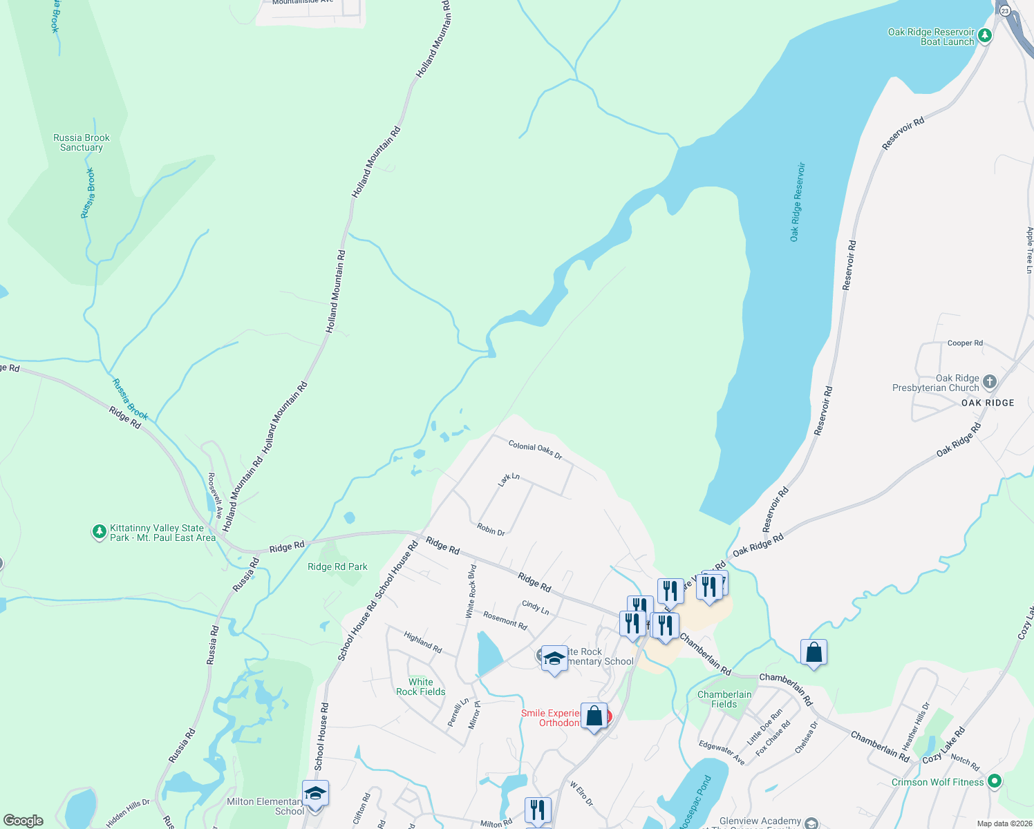map of restaurants, bars, coffee shops, grocery stores, and more near 208 School House Road in Jefferson