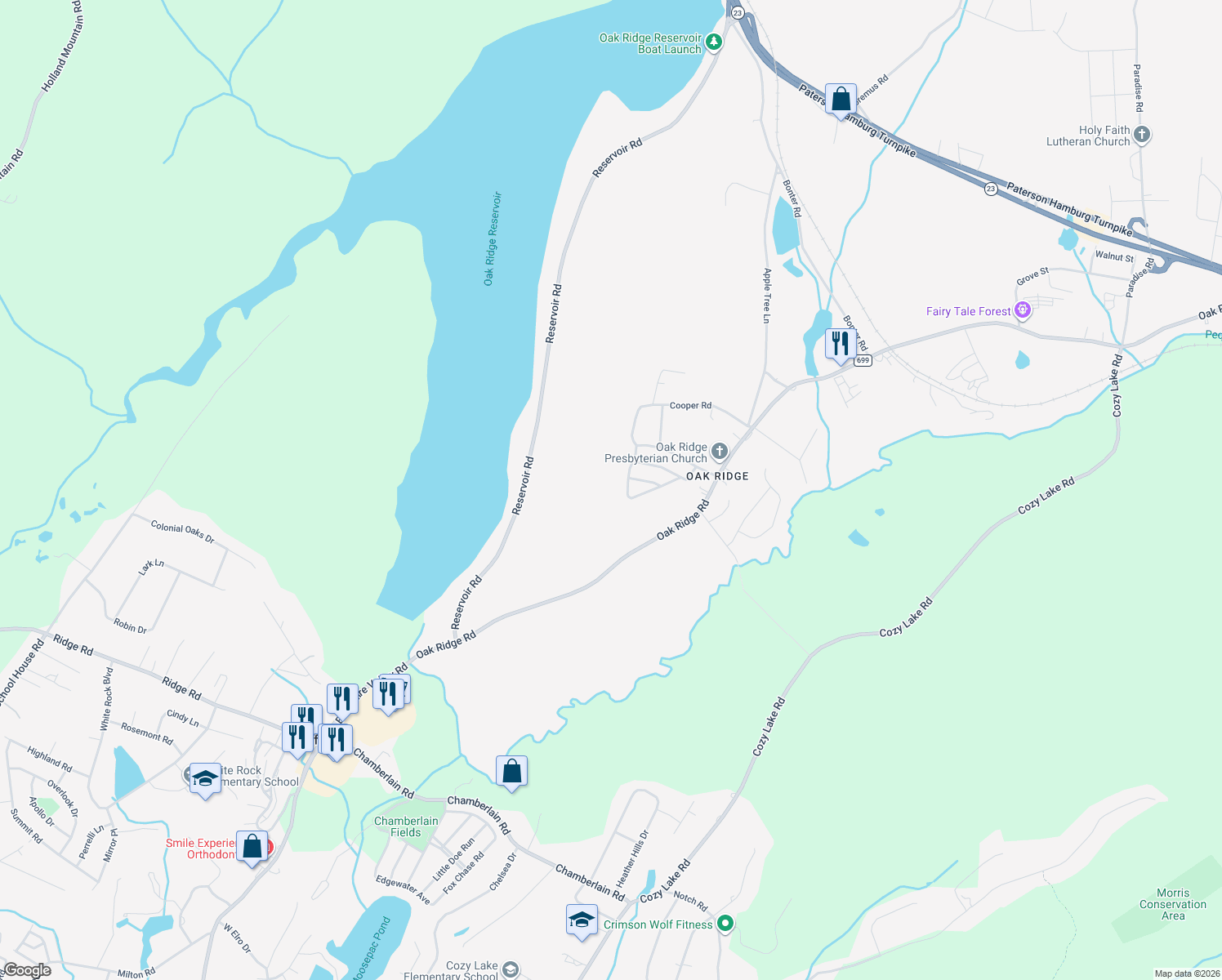 map of restaurants, bars, coffee shops, grocery stores, and more near 50 Circle Drive in West Milford