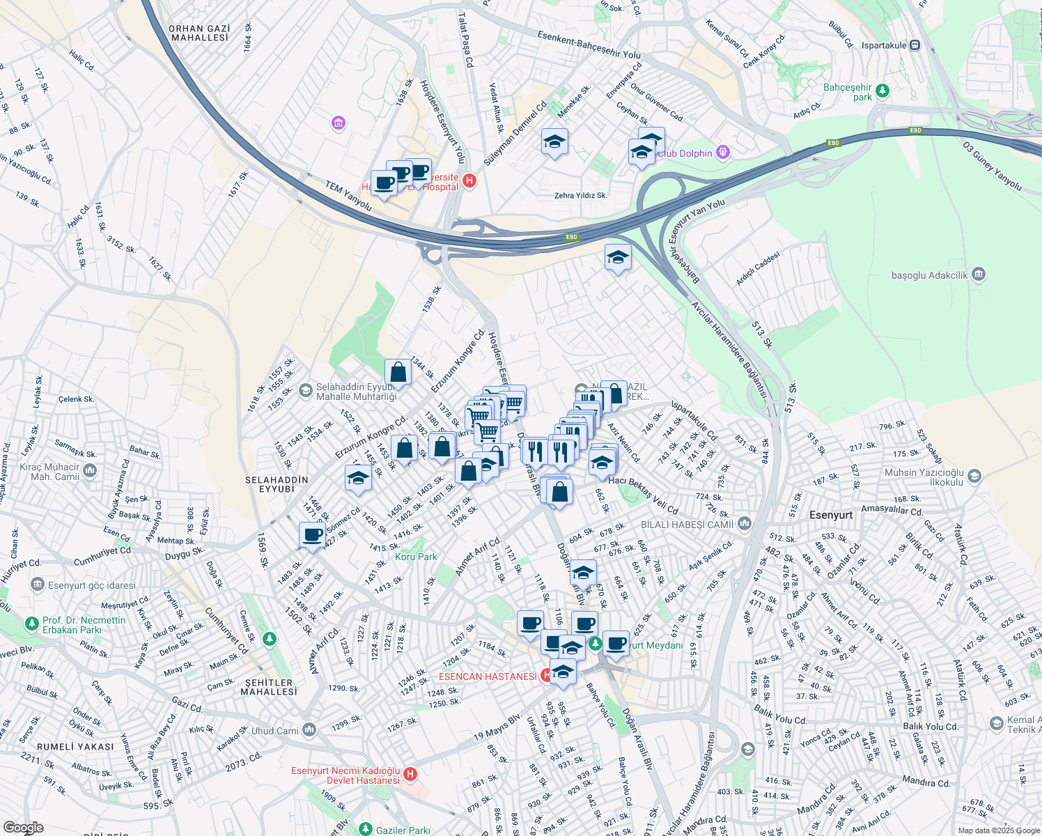 map of restaurants, bars, coffee shops, grocery stores, and more near 230 Doğan Araslı Bulvarı in Esenyurt