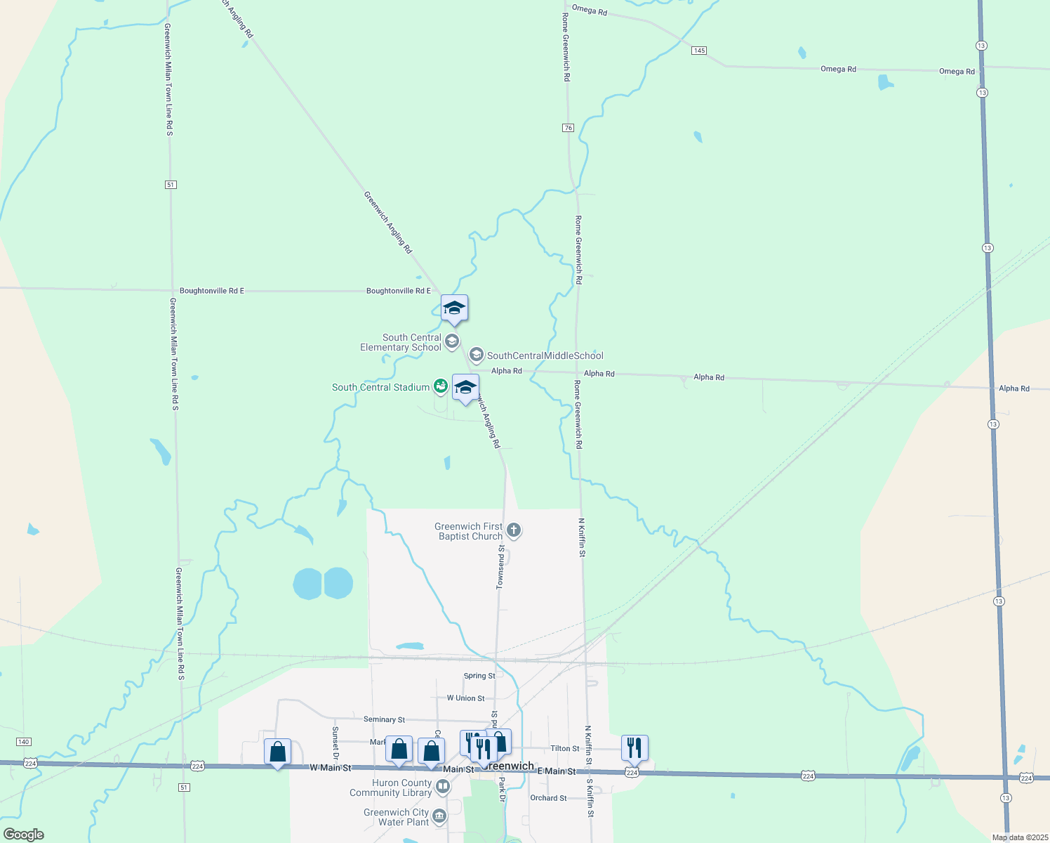map of restaurants, bars, coffee shops, grocery stores, and more near 3380 Greenwich Angling Road in Greenwich