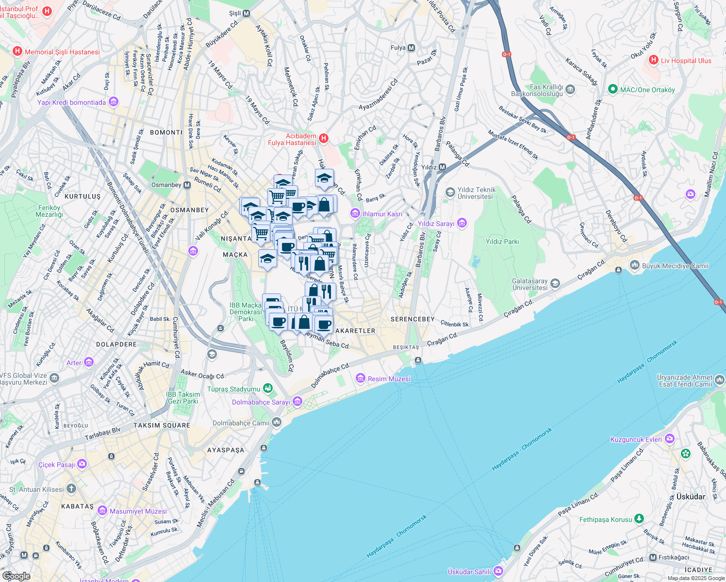 map of restaurants, bars, coffee shops, grocery stores, and more near 1/A Yaverağa Sokak in Beşiktaş