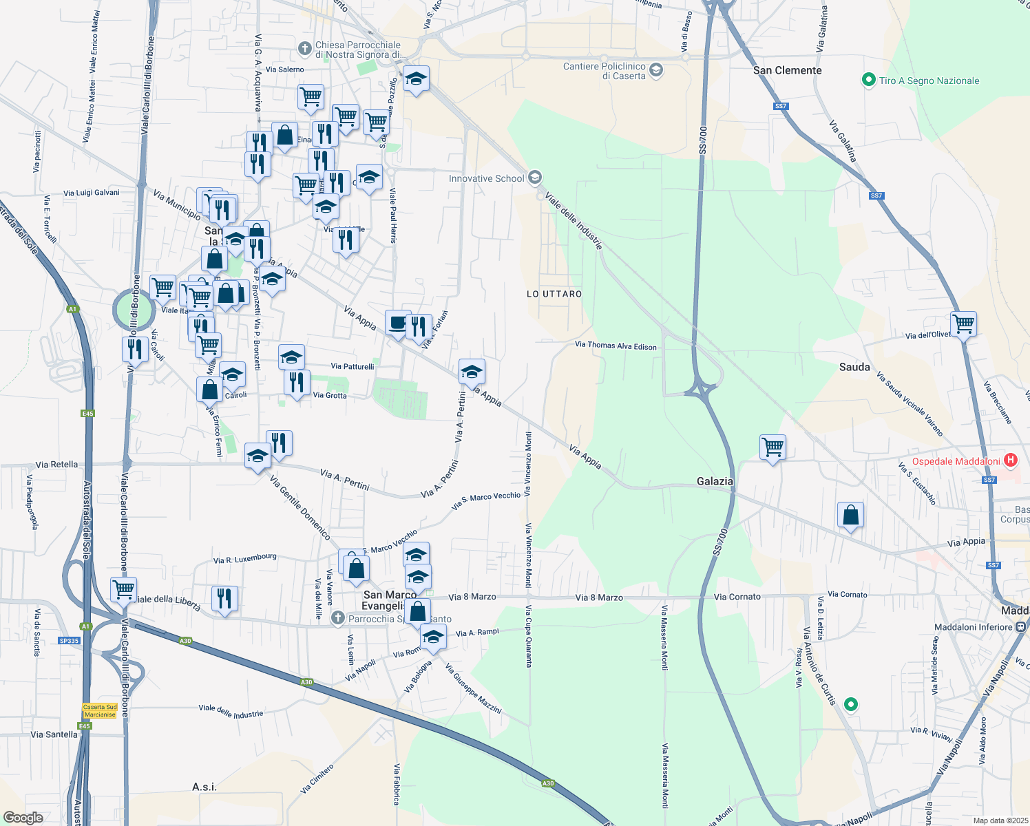 map of restaurants, bars, coffee shops, grocery stores, and more near 198 Via Appia in Provincia di Caserta