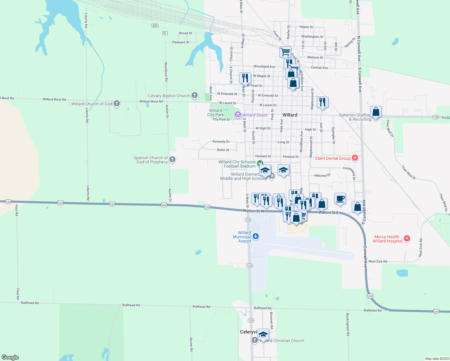 map of restaurants, bars, coffee shops, grocery stores, and more near 909 Armstrong Street in Willard