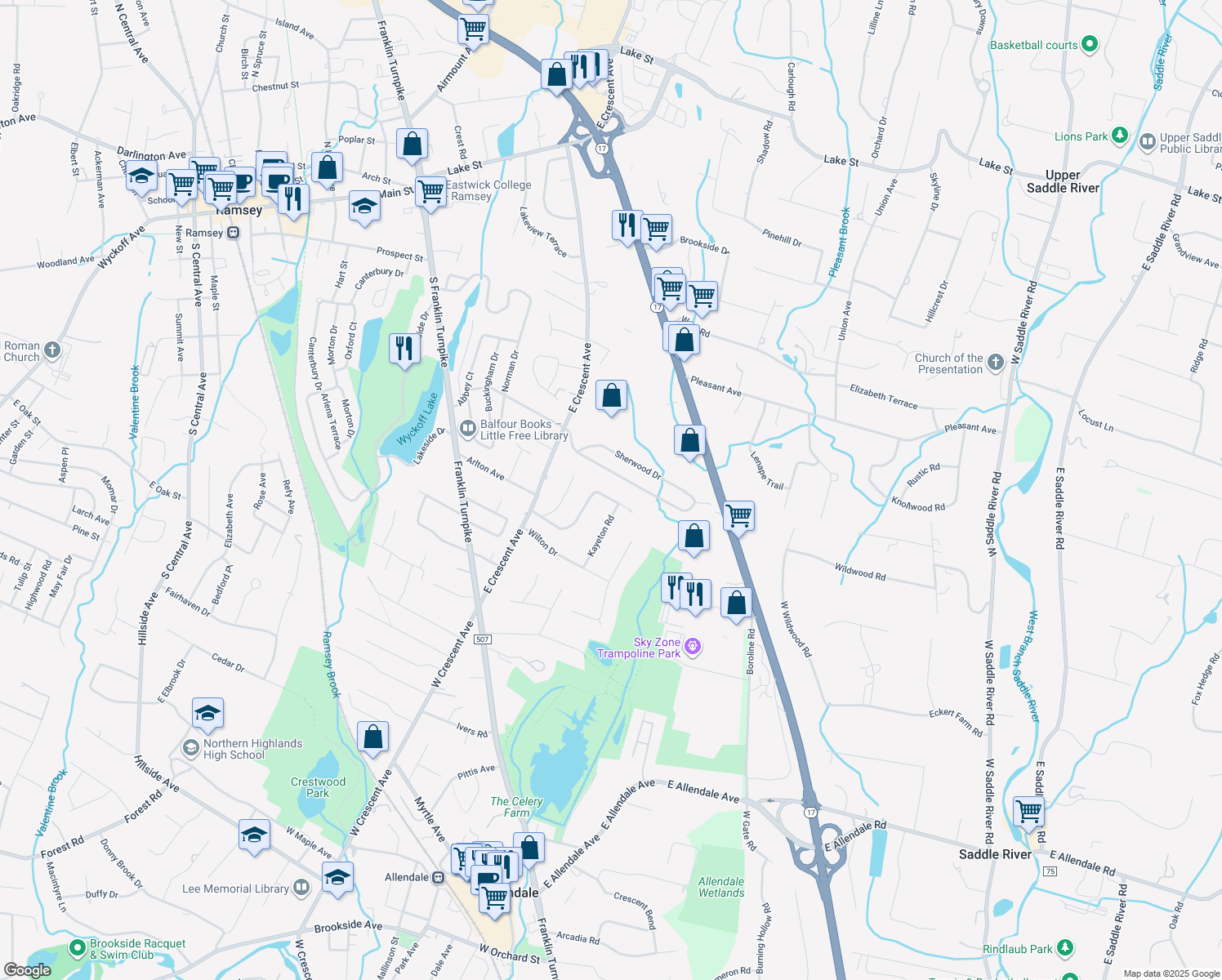 map of restaurants, bars, coffee shops, grocery stores, and more near 53 Harreton Road in Allendale
