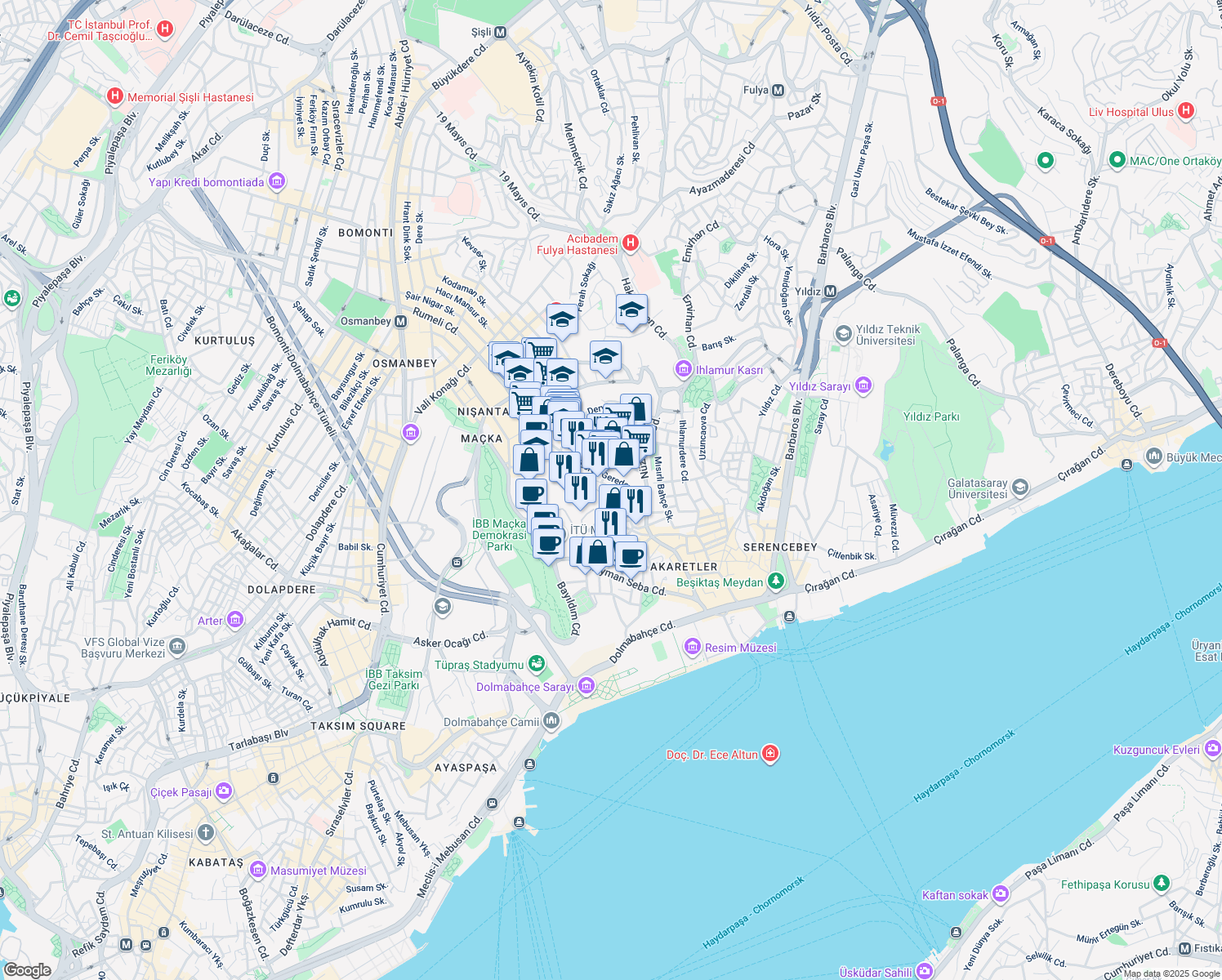 map of restaurants, bars, coffee shops, grocery stores, and more near 9 Şehit Mehmet Sokak in Beşiktaş