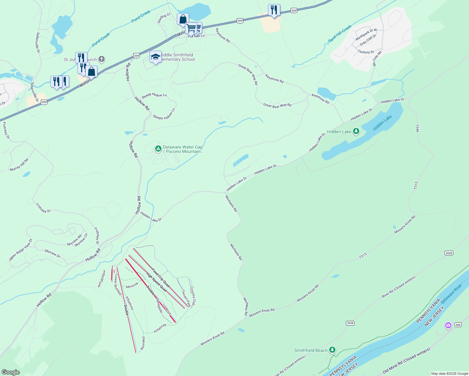 map of restaurants, bars, coffee shops, grocery stores, and more near 3-13 Hidden Lake Drive in East Stroudsburg