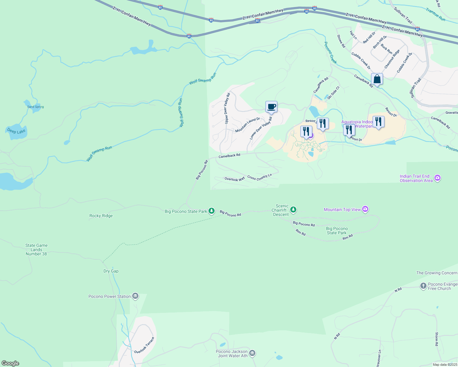 map of restaurants, bars, coffee shops, grocery stores, and more near 269 Big Pocono Pass in Tannersville