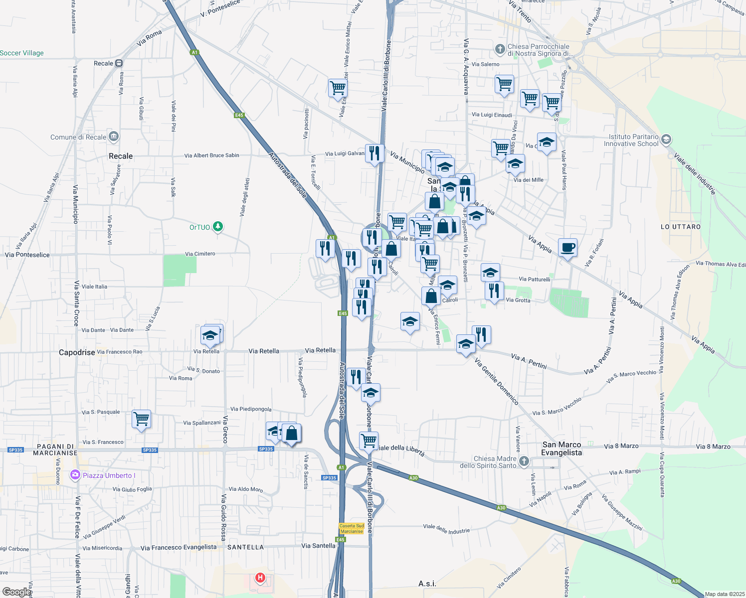 map of restaurants, bars, coffee shops, grocery stores, and more near Via Archimede in San Nicola La Strada