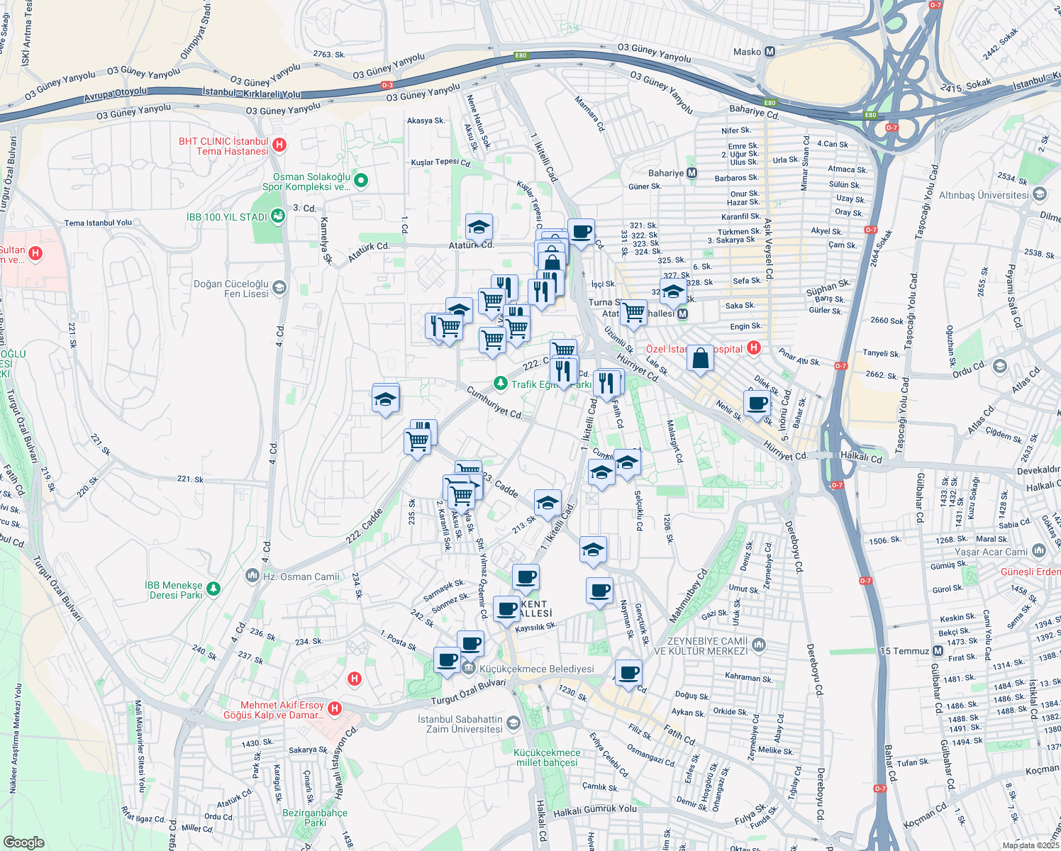 map of restaurants, bars, coffee shops, grocery stores, and more near 19 Cumhuriyet Caddesi in Küçükçekmece