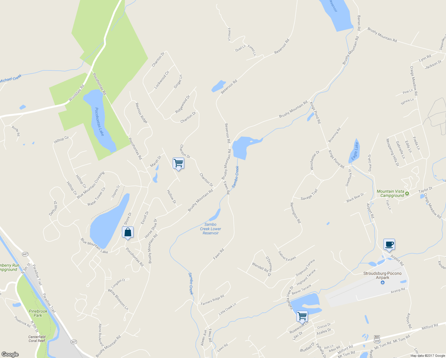 map of restaurants, bars, coffee shops, grocery stores, and more near 662 Fawn Road in East Stroudsburg