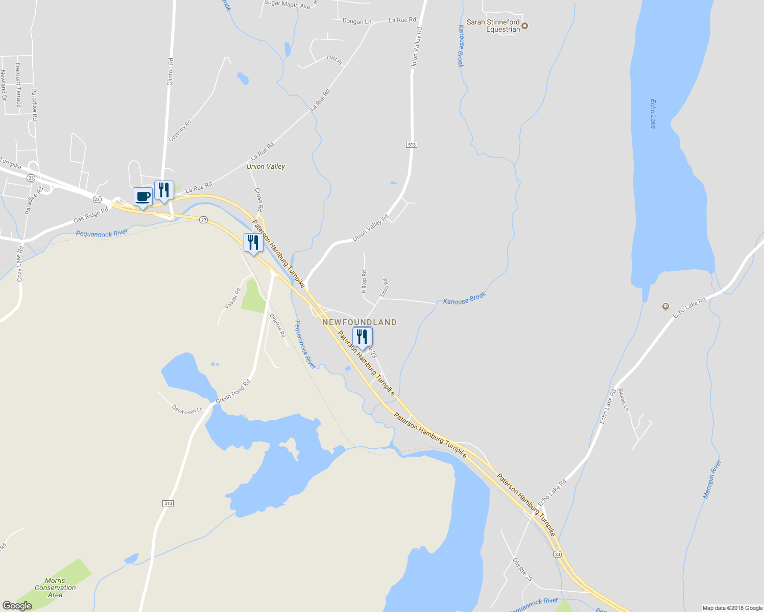 map of restaurants, bars, coffee shops, grocery stores, and more near 24 Kanouse Road in West Milford