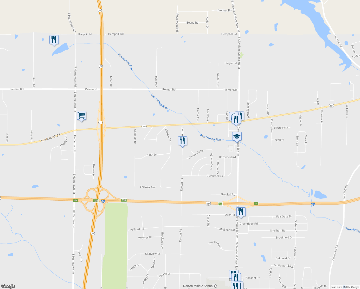 map of restaurants, bars, coffee shops, grocery stores, and more near 3170 Easton Road in Norton