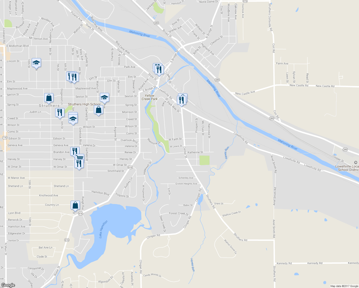 map of restaurants, bars, coffee shops, grocery stores, and more near 23 West Lewis Street in Struthers