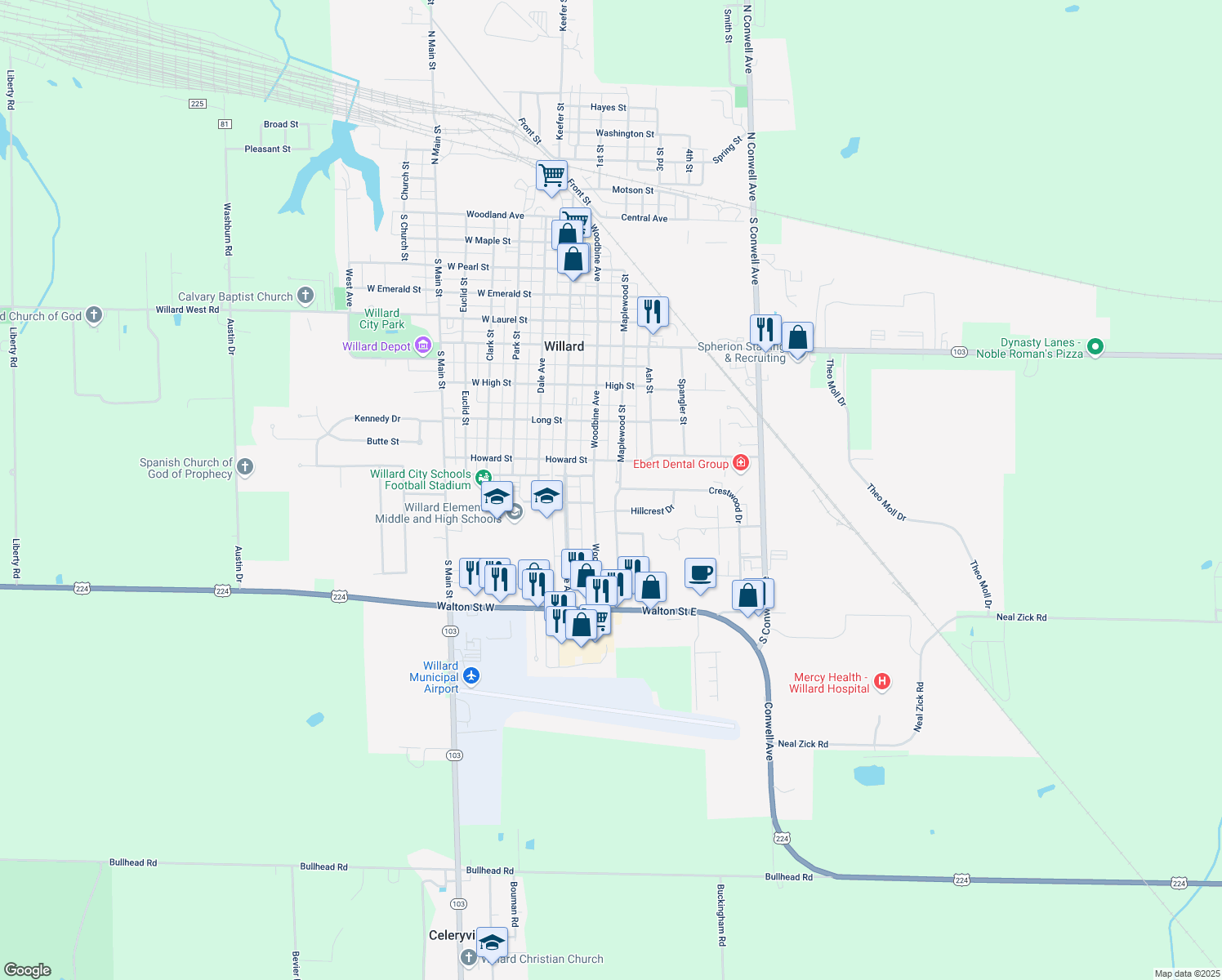 map of restaurants, bars, coffee shops, grocery stores, and more near 830 Maplewood Street in Willard