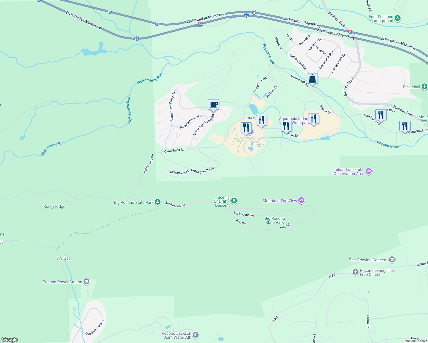 map of restaurants, bars, coffee shops, grocery stores, and more near 154 Upper Village Way in Tannersville