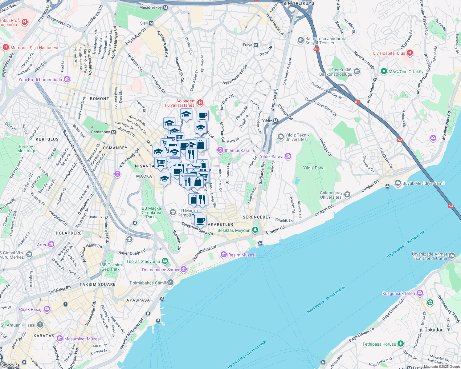 map of restaurants, bars, coffee shops, grocery stores, and more near in Beşiktaş
