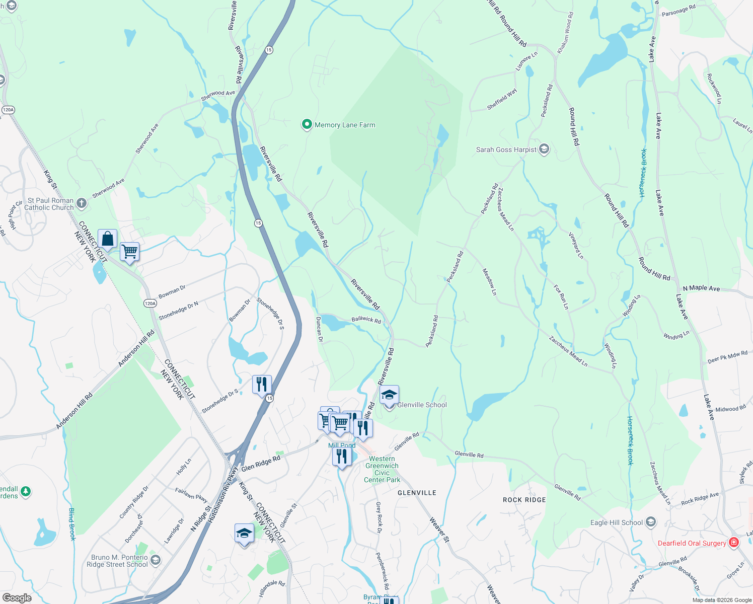 map of restaurants, bars, coffee shops, grocery stores, and more near 189 Riversville Road in Greenwich