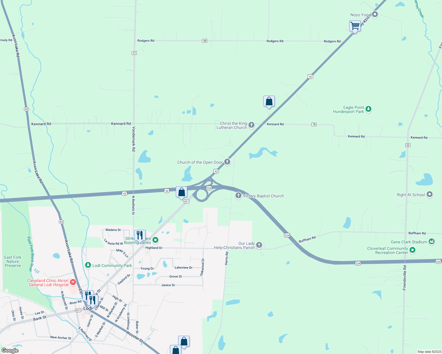 map of restaurants, bars, coffee shops, grocery stores, and more near 8255 Lafayette Rd in Lodi