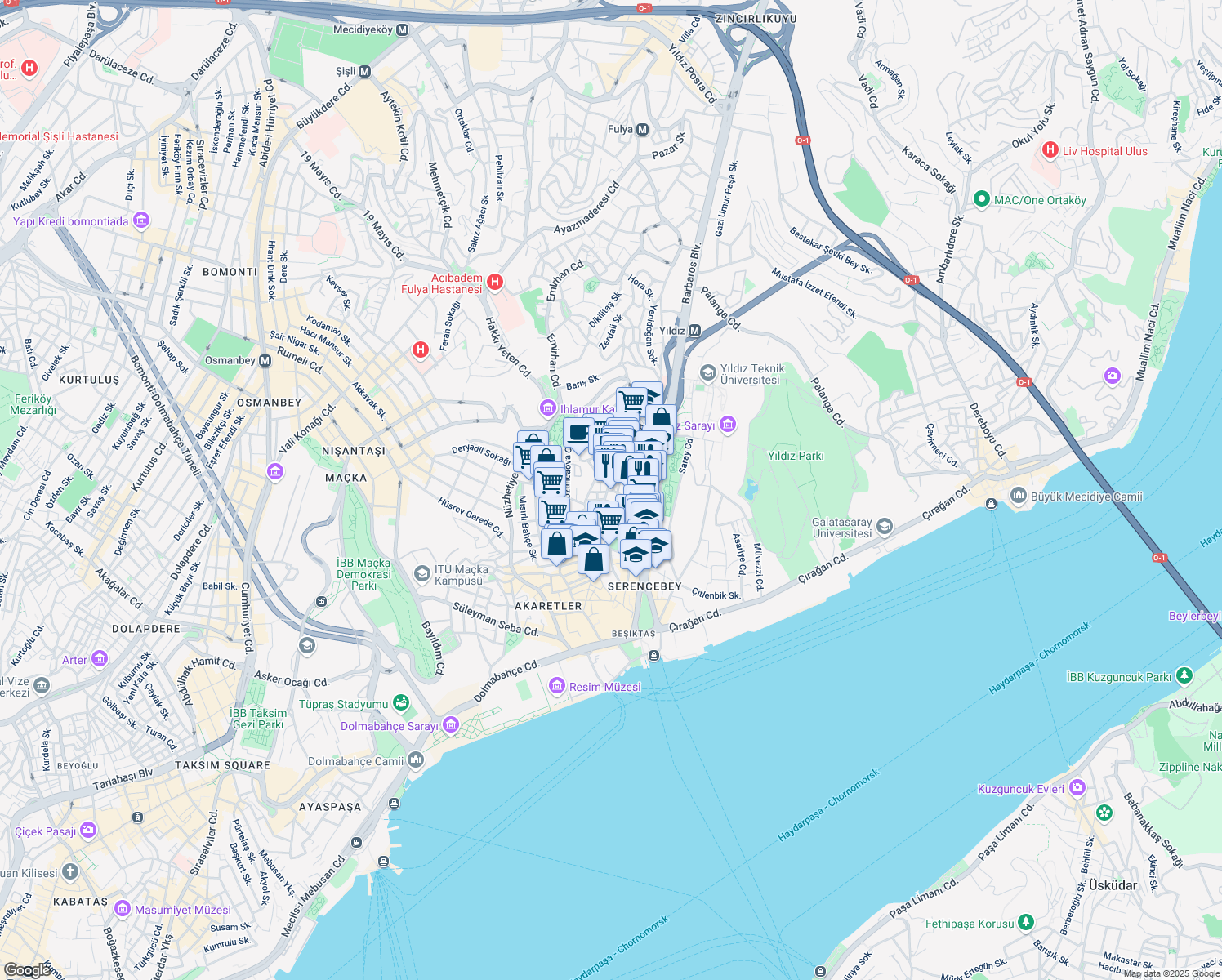 map of restaurants, bars, coffee shops, grocery stores, and more near 7 Jandarma Mektebi Sokak in Beşiktaş