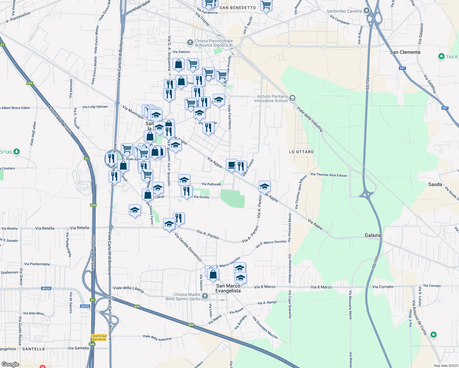 map of restaurants, bars, coffee shops, grocery stores, and more near 220 Via Appia in Caserta