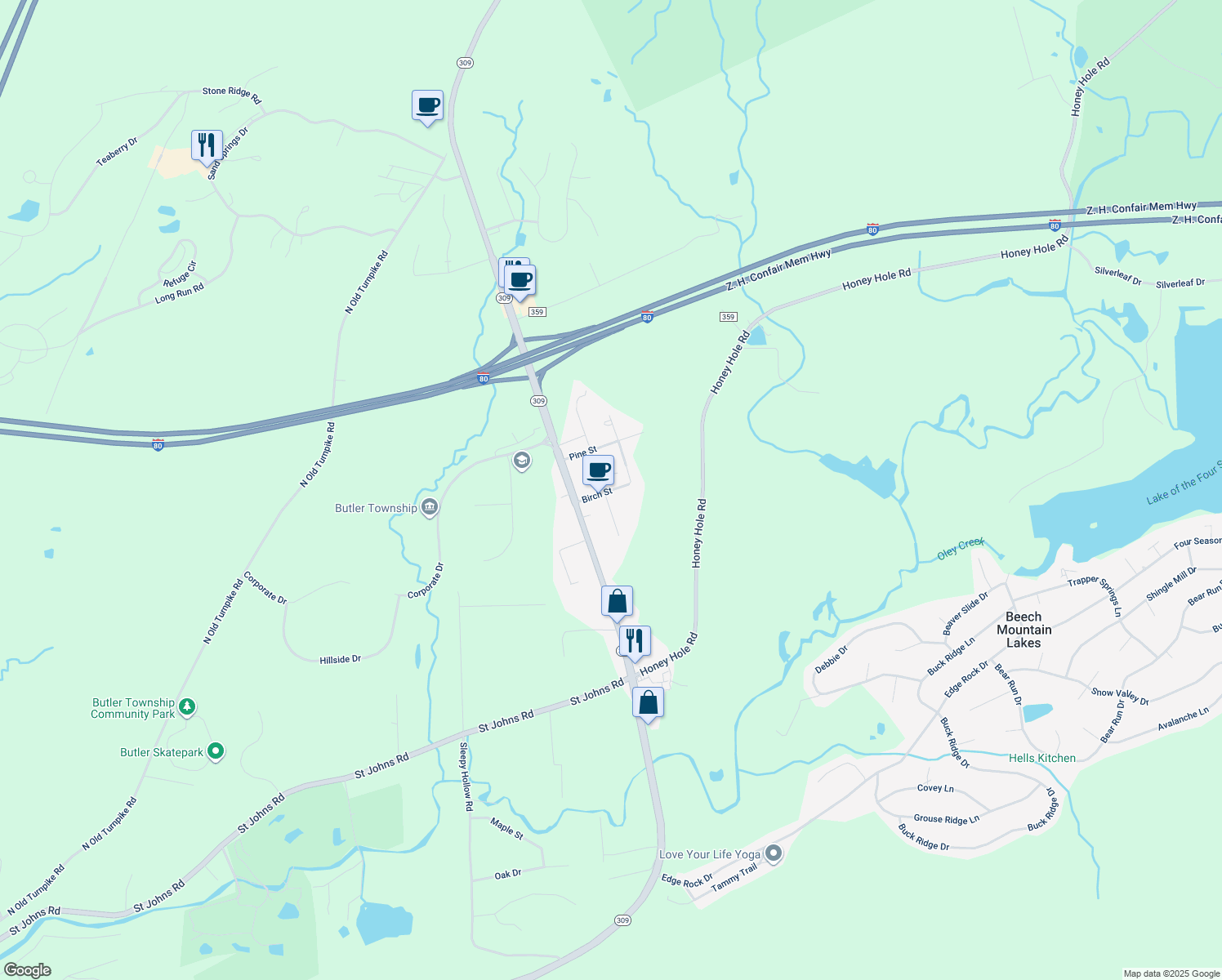 map of restaurants, bars, coffee shops, grocery stores, and more near 124 Birch Street in Drums