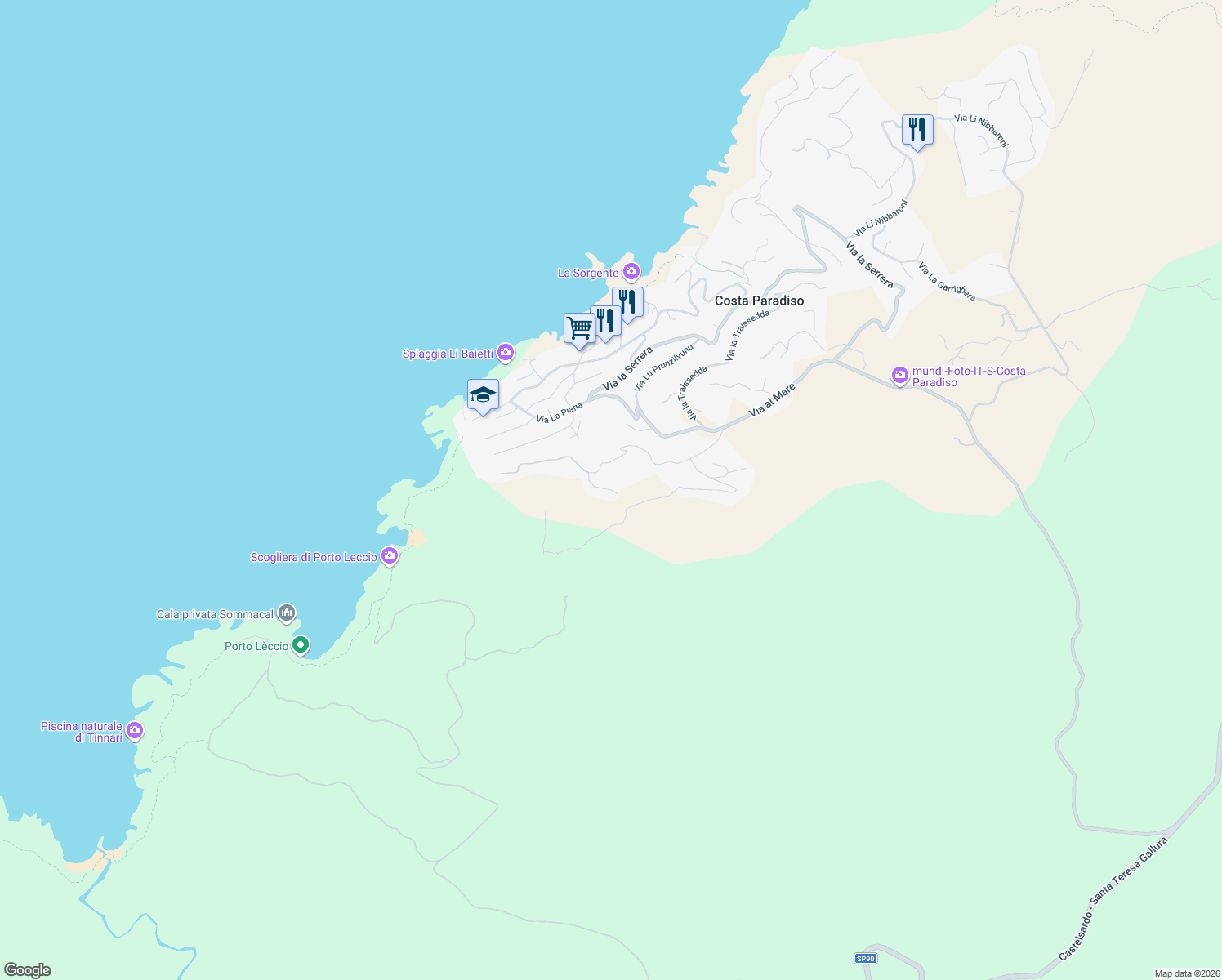 map of restaurants, bars, coffee shops, grocery stores, and more near 1 Via La Falata in Costa Paradiso