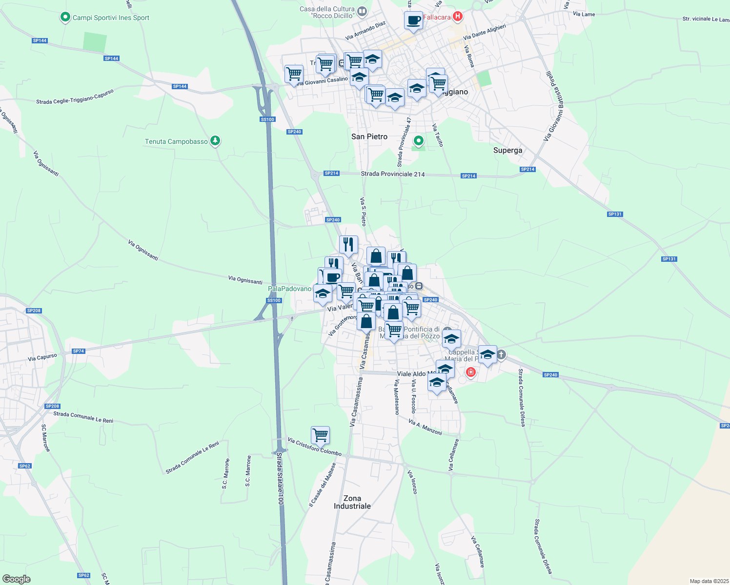 map of restaurants, bars, coffee shops, grocery stores, and more near 13 Via Ara Coeli in Capurso
