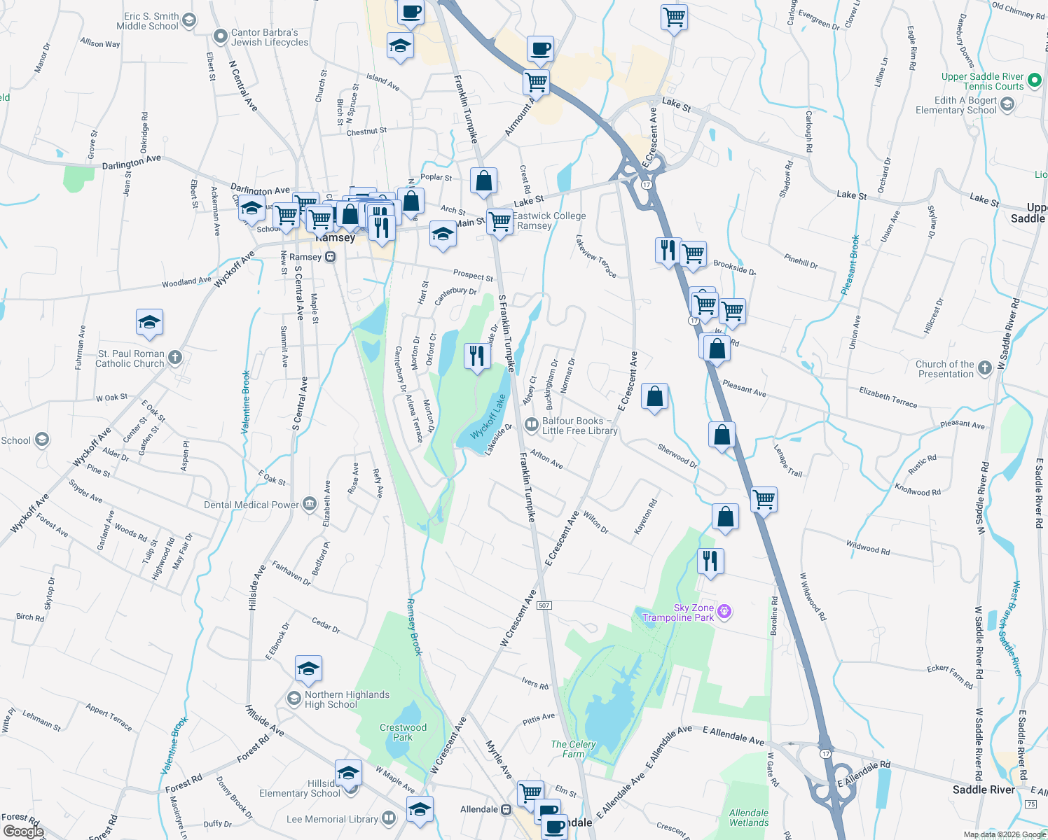 map of restaurants, bars, coffee shops, grocery stores, and more near 276 South Franklin Turnpike in Ramsey