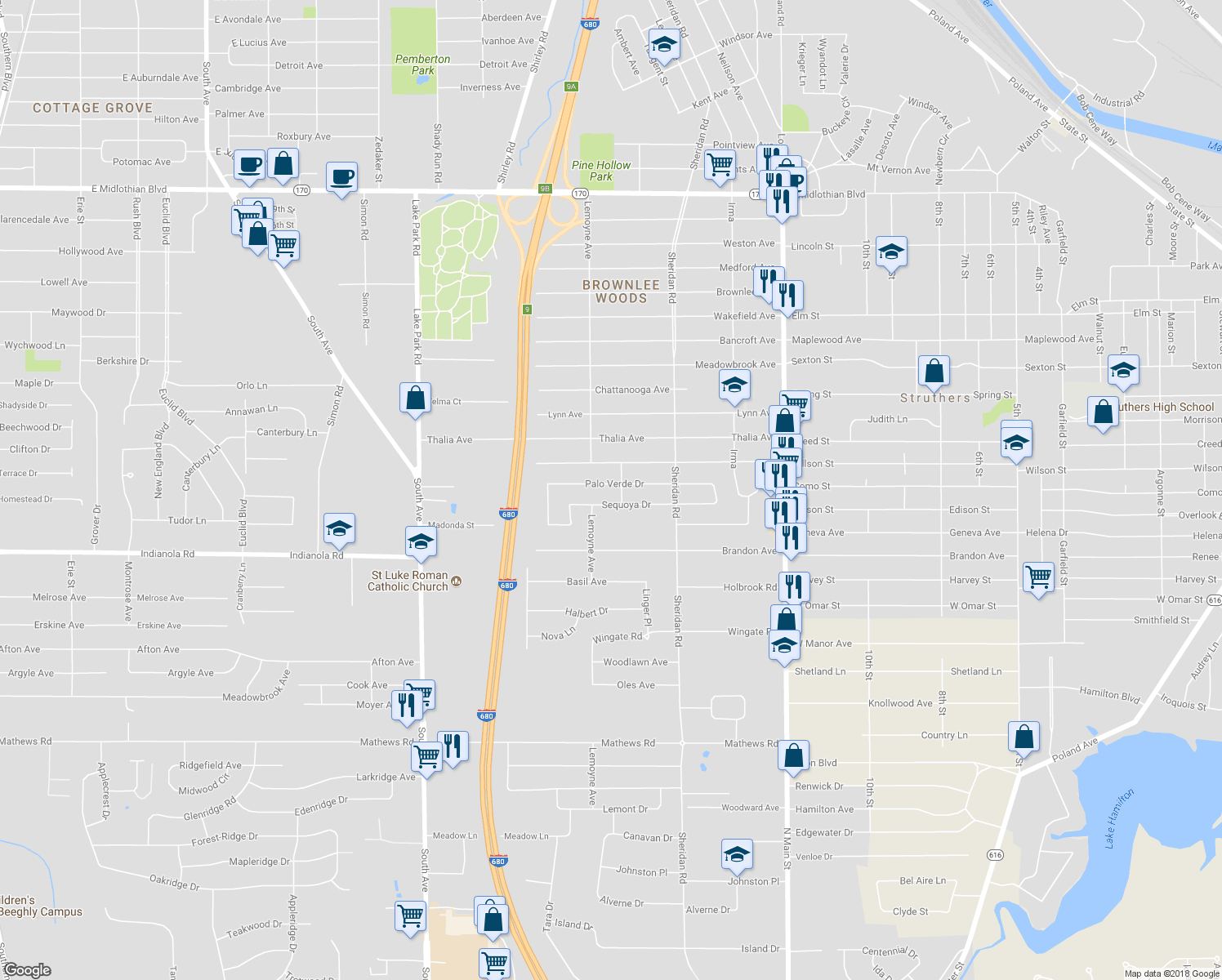 map of restaurants, bars, coffee shops, grocery stores, and more near 1785 Palo Verde Drive in Youngstown