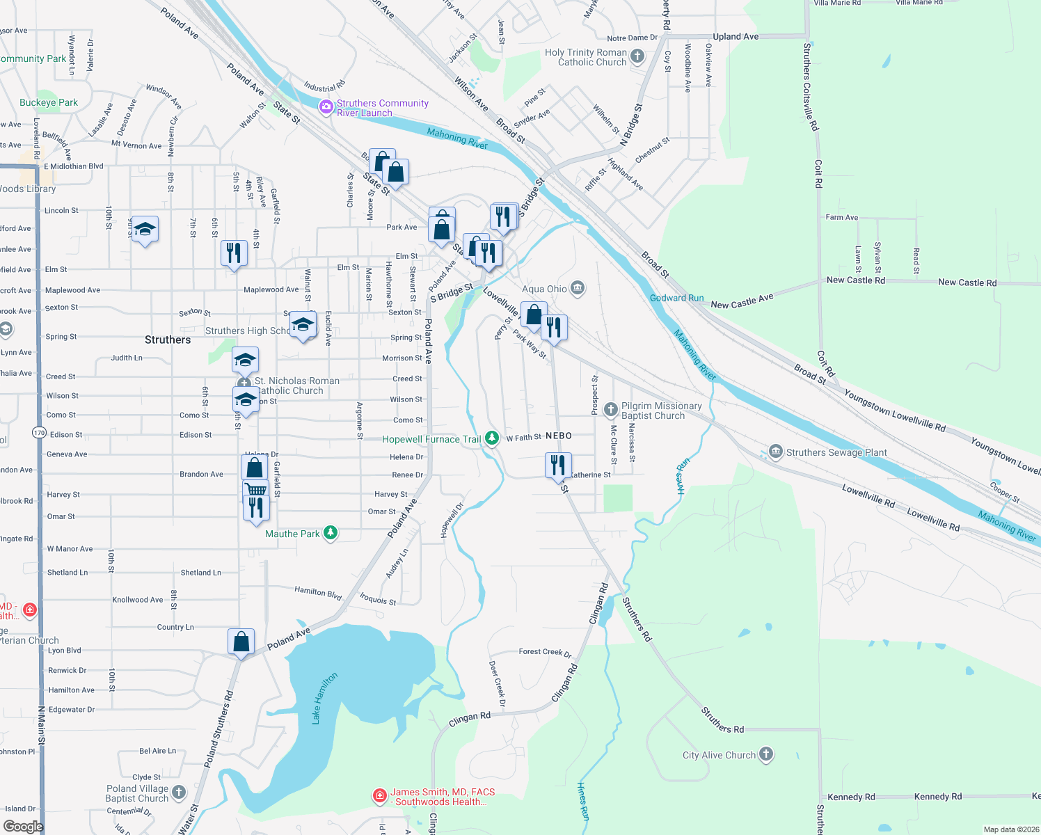 map of restaurants, bars, coffee shops, grocery stores, and more near 157 Ridgeway Street in Struthers