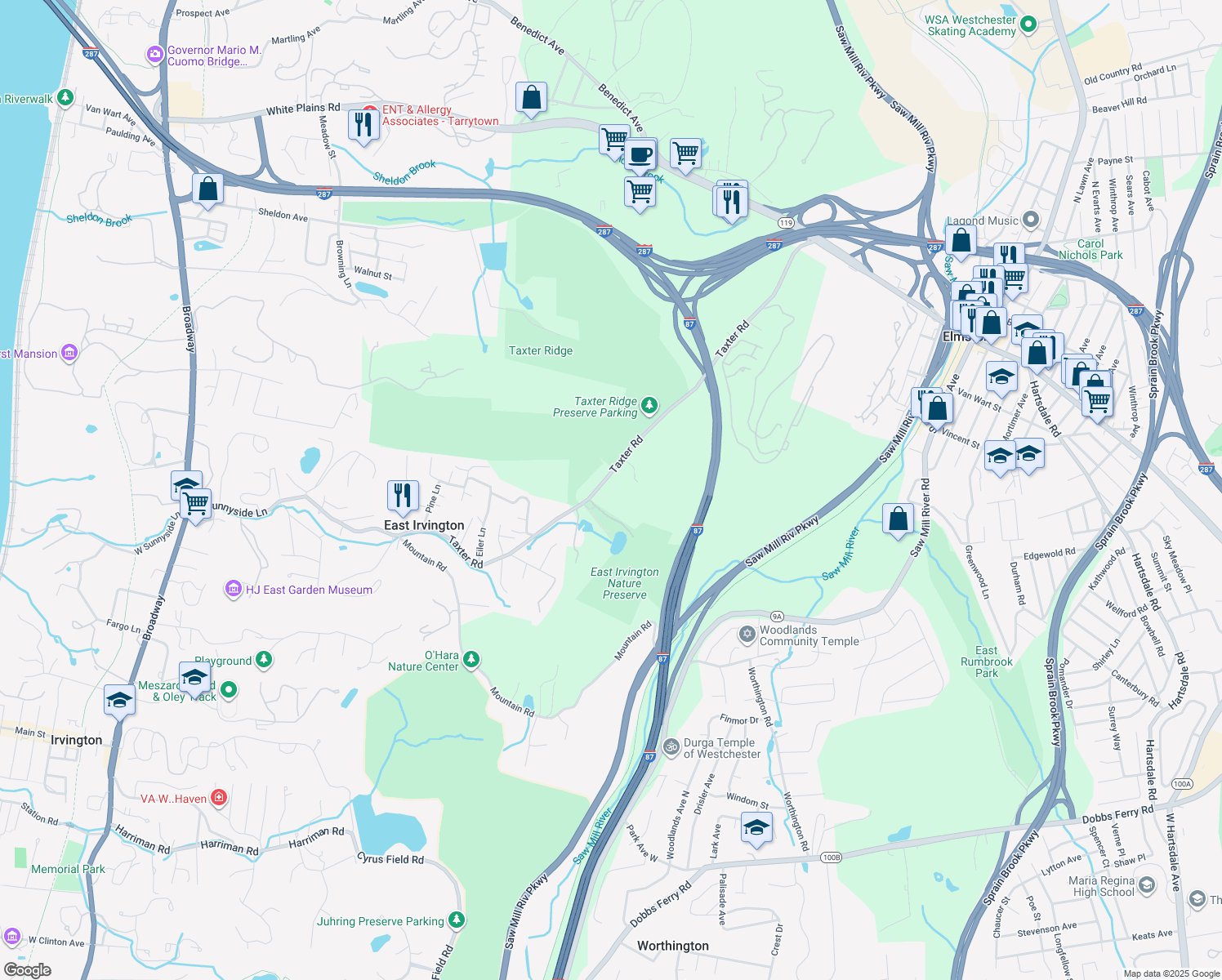 map of restaurants, bars, coffee shops, grocery stores, and more near 244 Taxter Road in Irvington