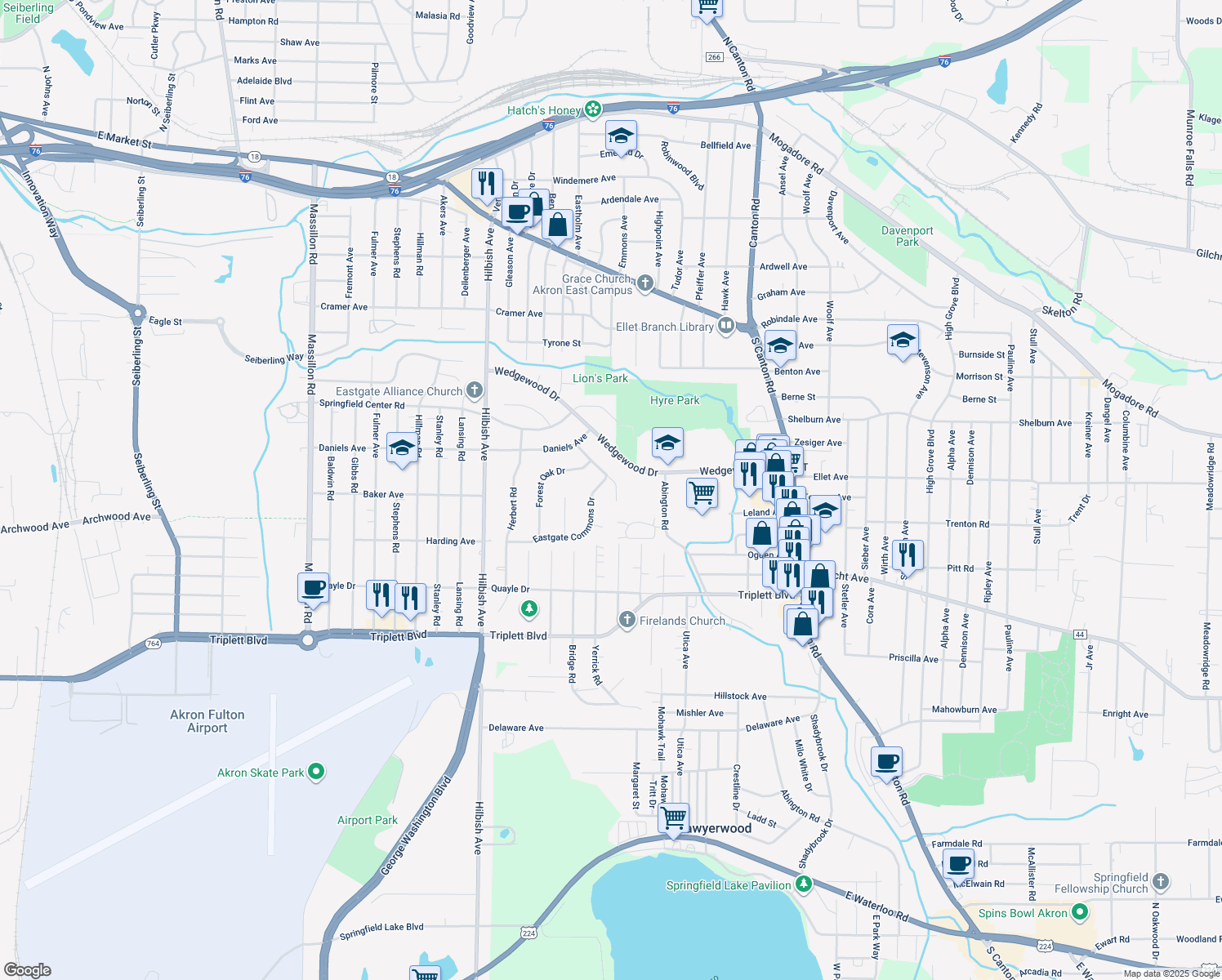 map of restaurants, bars, coffee shops, grocery stores, and more near 2292 Edmund Avenue in Akron